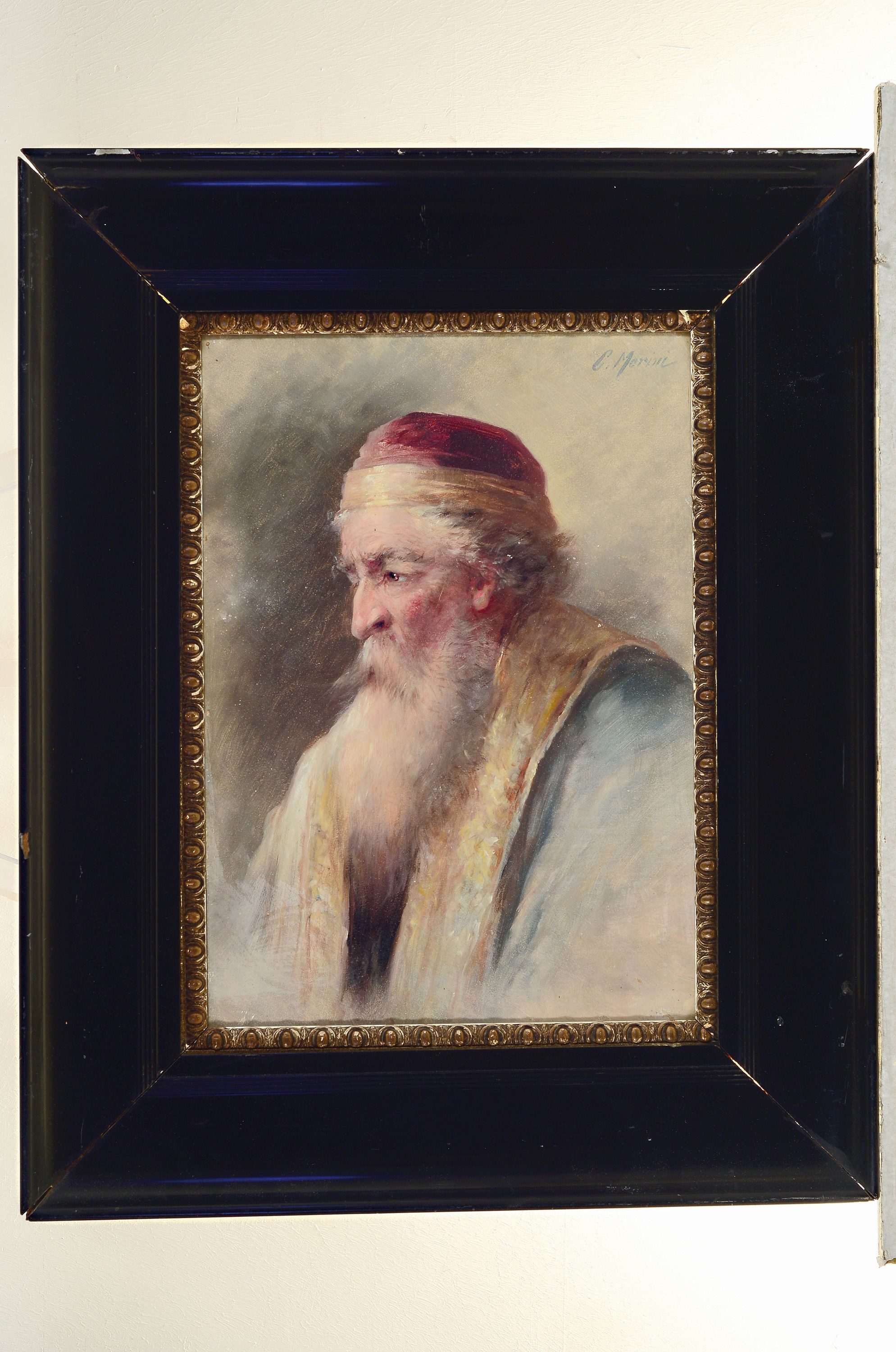 Detail k: C. Morini, Künstler um 1900, Porträt eines bärtigen Juden, oben rechts signiert, Öl/Karton, verso bez. "ausgestellt in Dresden ...
