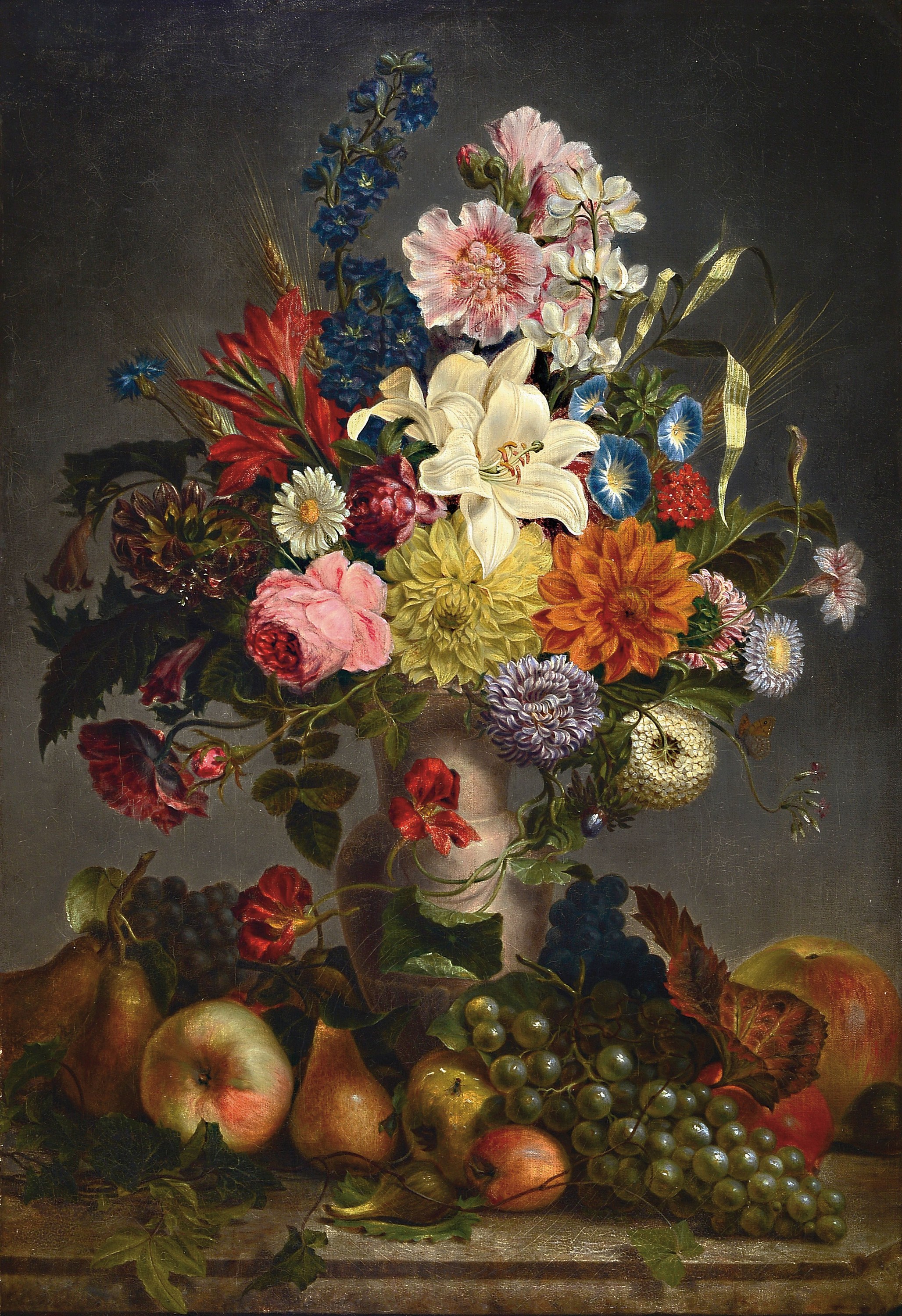 Unbekannter Künstler des 18.Jh., Früchte- und Blumenstillleben, Vielfalt an Blüten, Obst und Insekten, fragmentarische Reste einer Signatur, ...