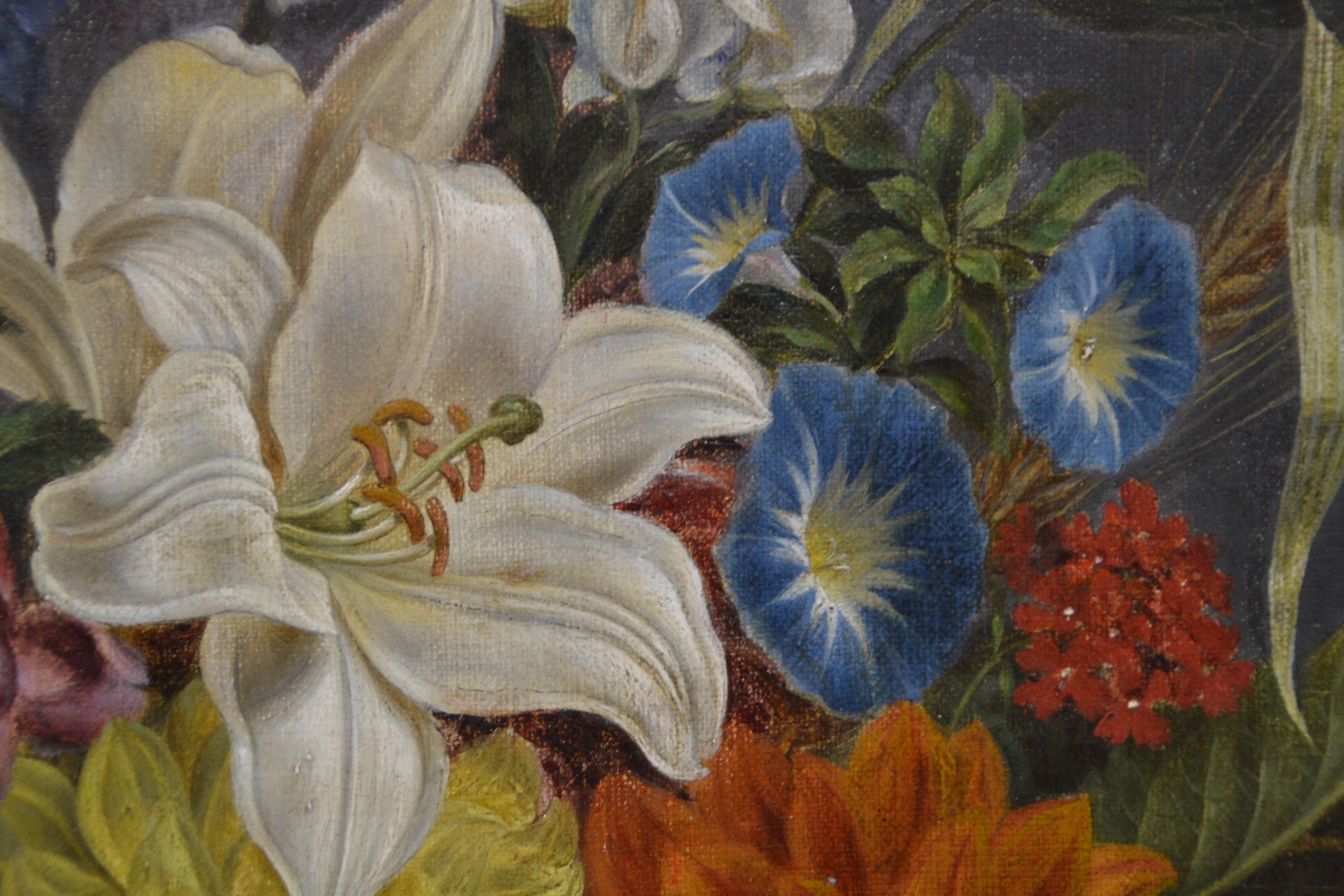 Detail c: Unbekannter Künstler des 18.Jh., Früchte- und Blumenstillleben, Vielfalt an Blüten, Obst und Insekten, fragmentarische Reste einer Signatur, ...
