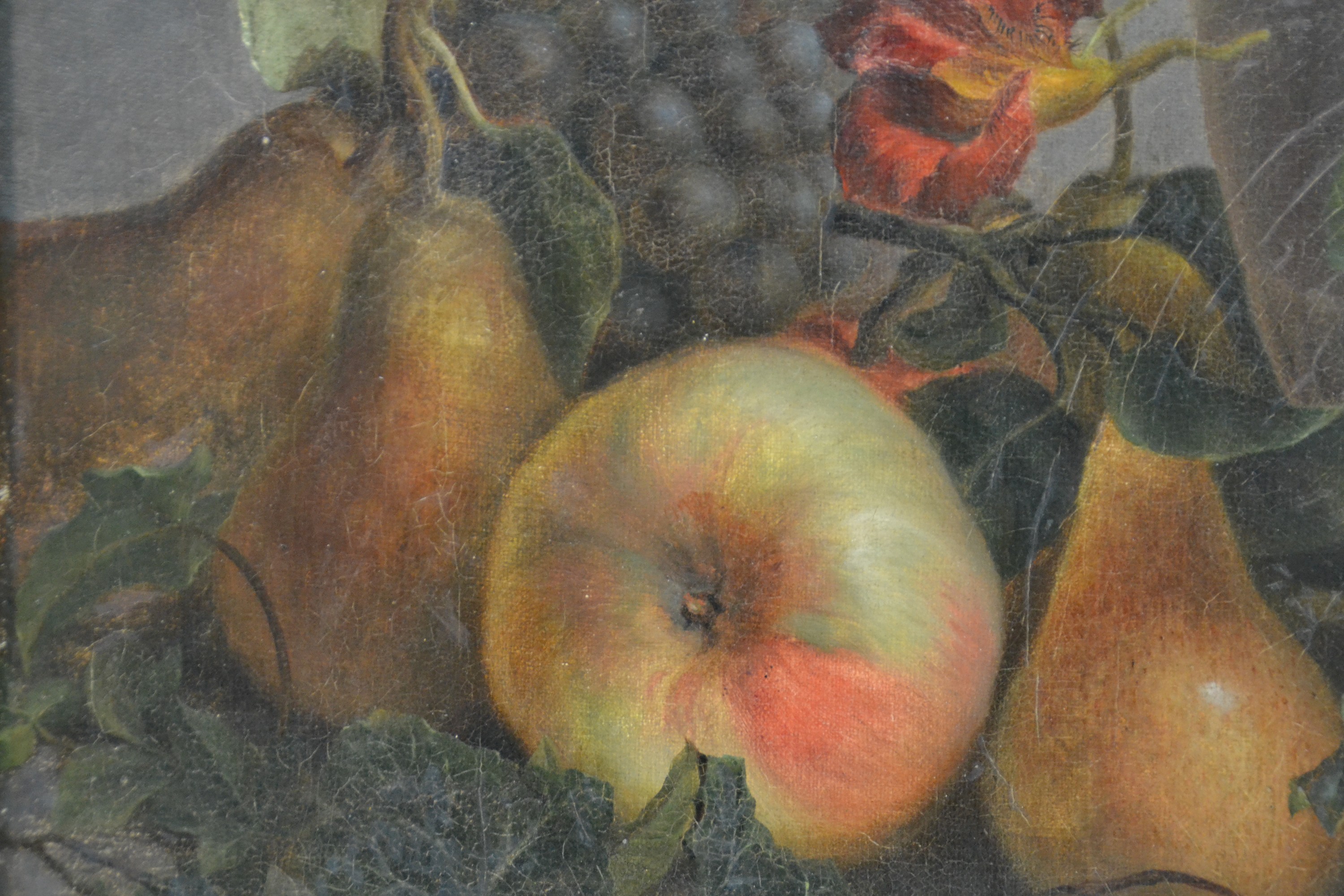 Detail f: Unbekannter Künstler des 18.Jh., Früchte- und Blumenstillleben, Vielfalt an Blüten, Obst und Insekten, fragmentarische Reste einer Signatur, ...