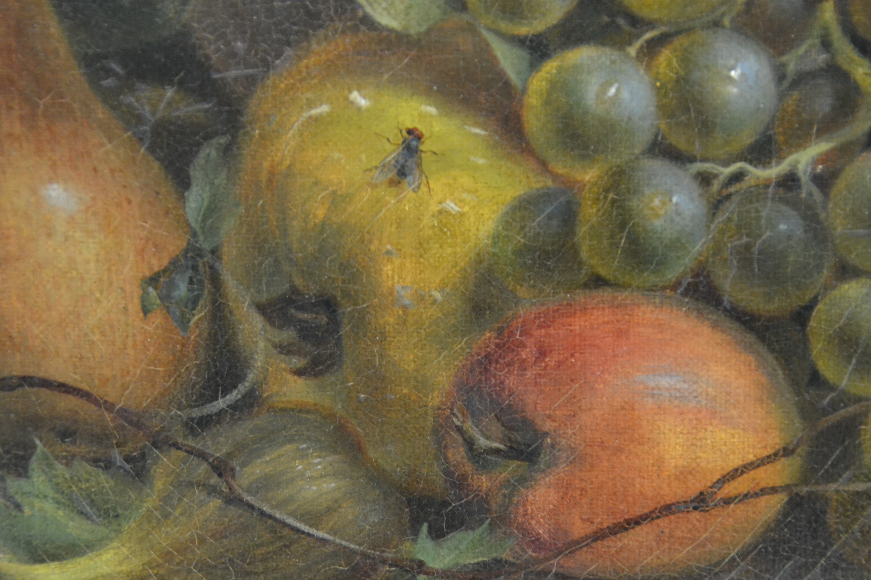 Detail h: Unbekannter Künstler des 18.Jh., Früchte- und Blumenstillleben, Vielfalt an Blüten, Obst und Insekten, fragmentarische Reste einer Signatur, ...
