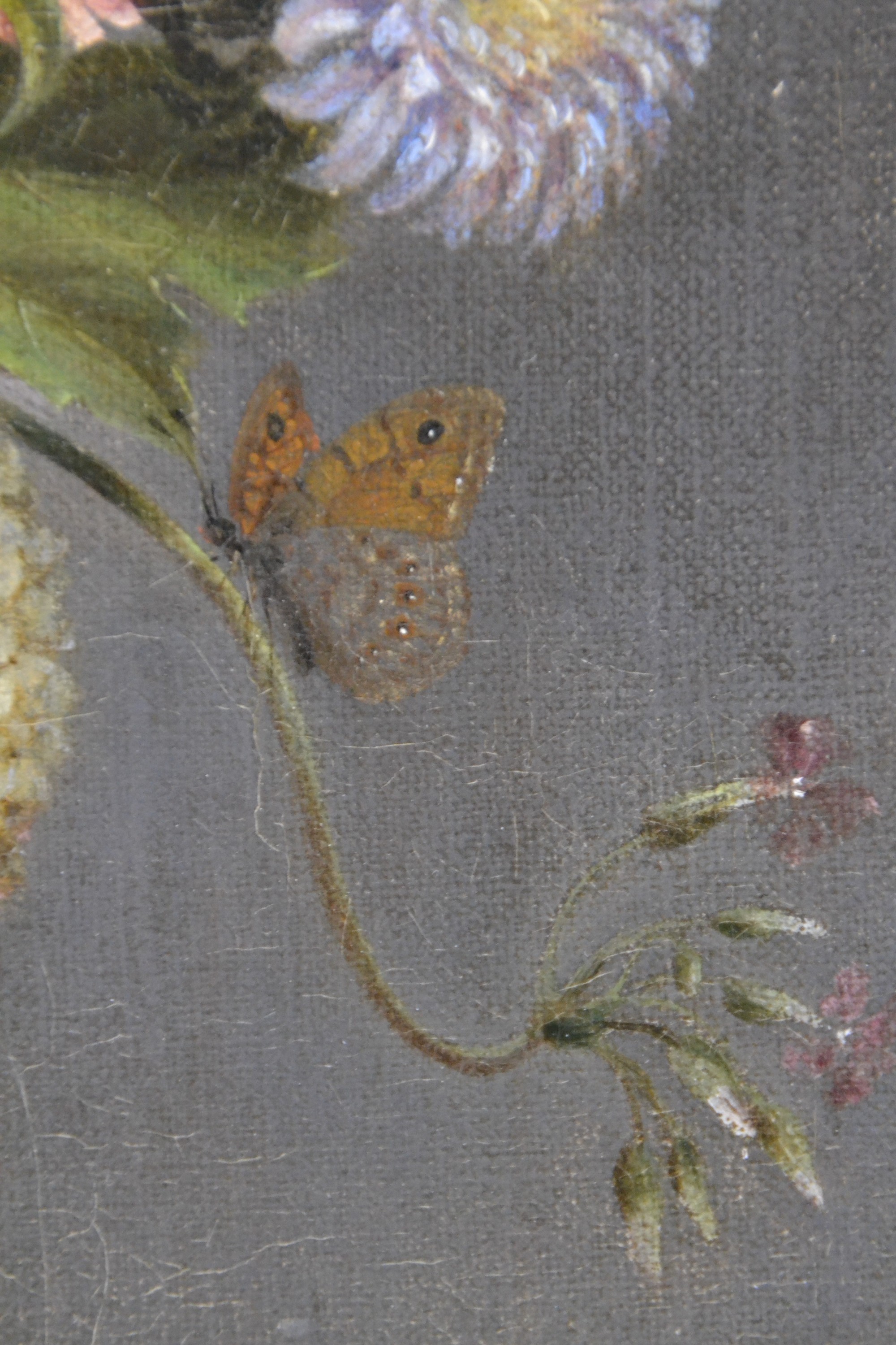 Detail j: Unbekannter Künstler des 18.Jh., Früchte- und Blumenstillleben, Vielfalt an Blüten, Obst und Insekten, fragmentarische Reste einer Signatur, ...