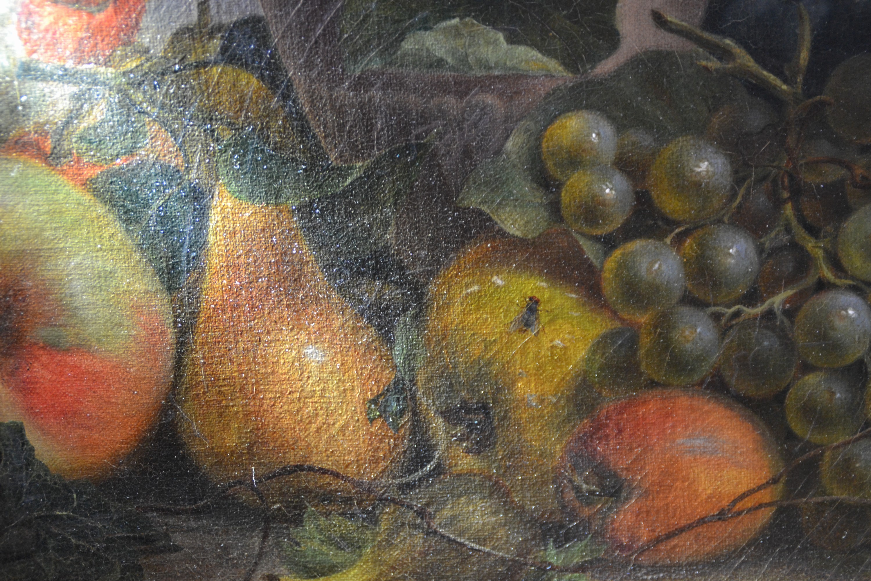 Detail m: Unbekannter Künstler des 18.Jh., Früchte- und Blumenstillleben, Vielfalt an Blüten, Obst und Insekten, fragmentarische Reste einer Signatur, ...