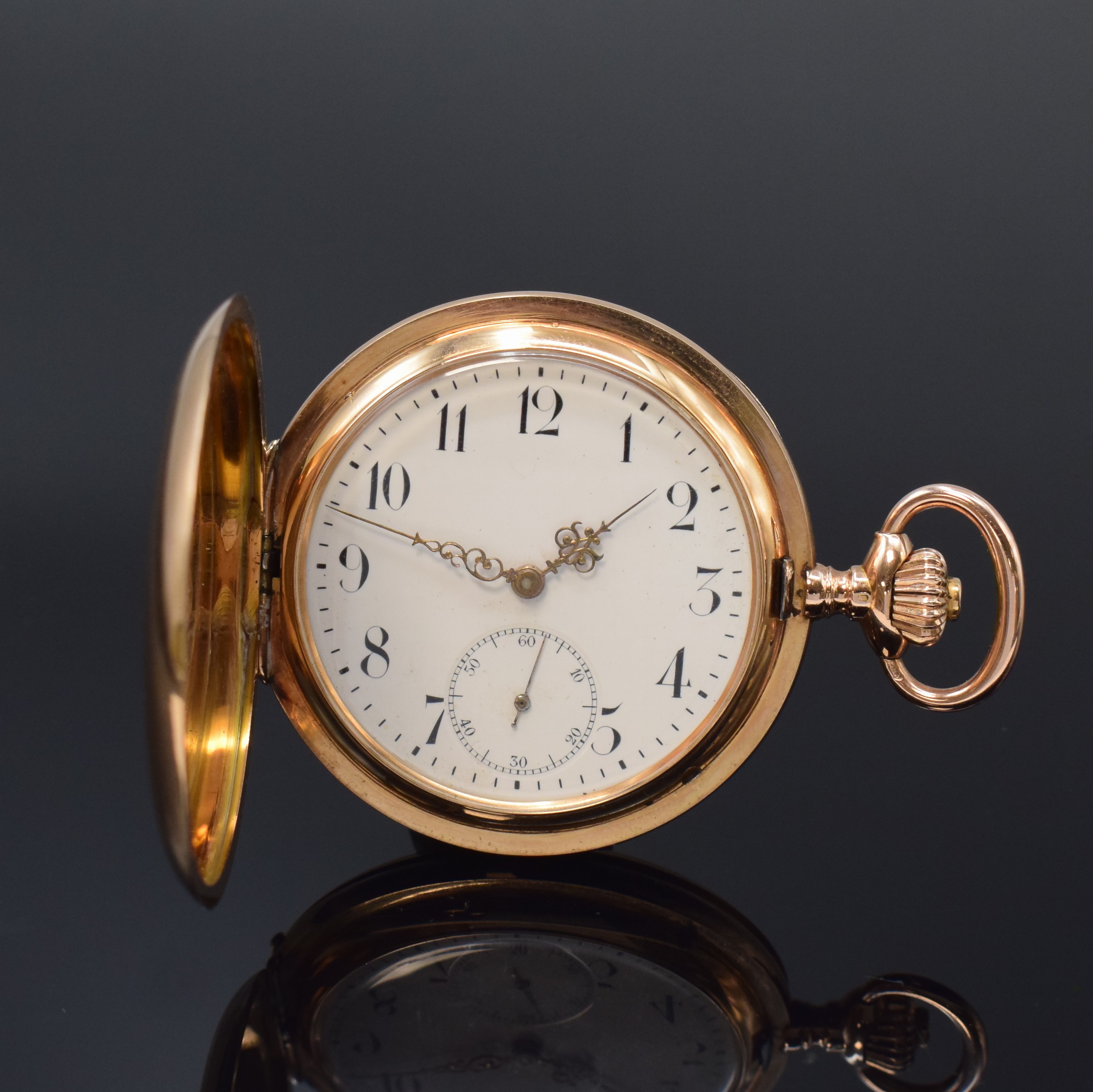 IWC Herrensavonette in RoseG 585/000, Schweiz um 1905, Geh. l. dell., guill. Sprung- u. Rückdeckel, Sprungdeckel m. Monogrammspiegel innen m. ...