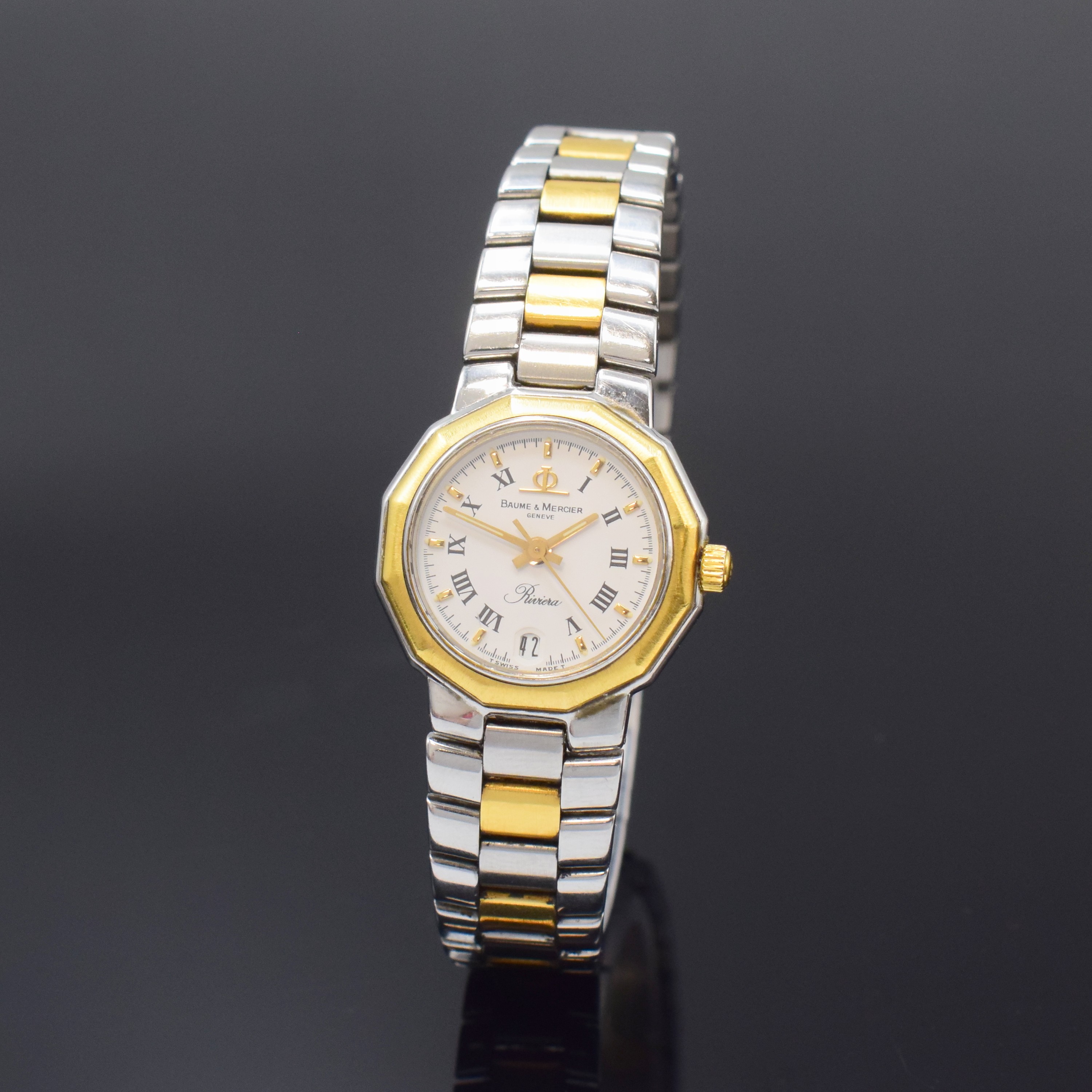 BAUME & MERCIER Riviera Damenarmbanduhr in Stahl/Gold Referenz 5231, Schweiz um 1990, quarz, Gliederband m. Faltschl., Boden geschr., weisses ...