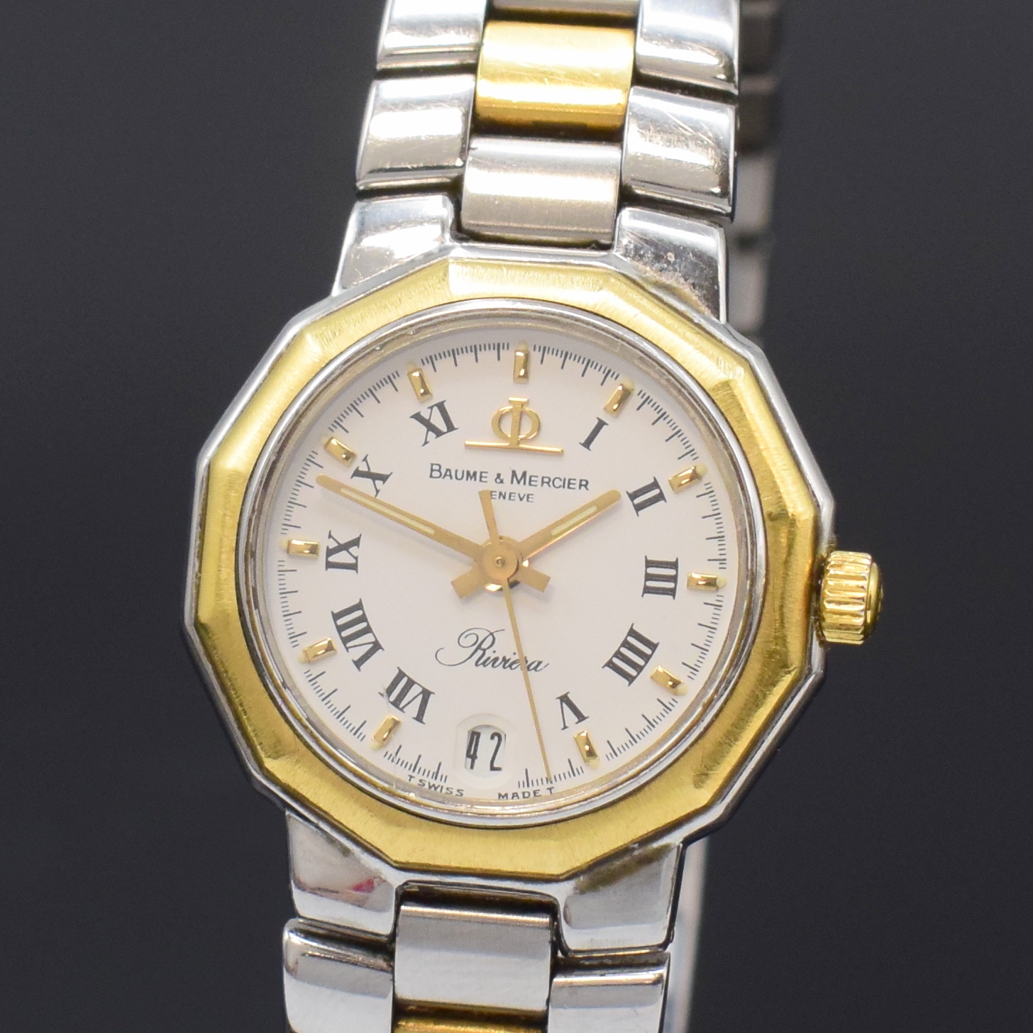 Detail a: BAUME & MERCIER Riviera Damenarmbanduhr in Stahl/Gold Referenz 5231, Schweiz um 1990, quarz, Gliederband m. Faltschl., Boden geschr., weisses ...