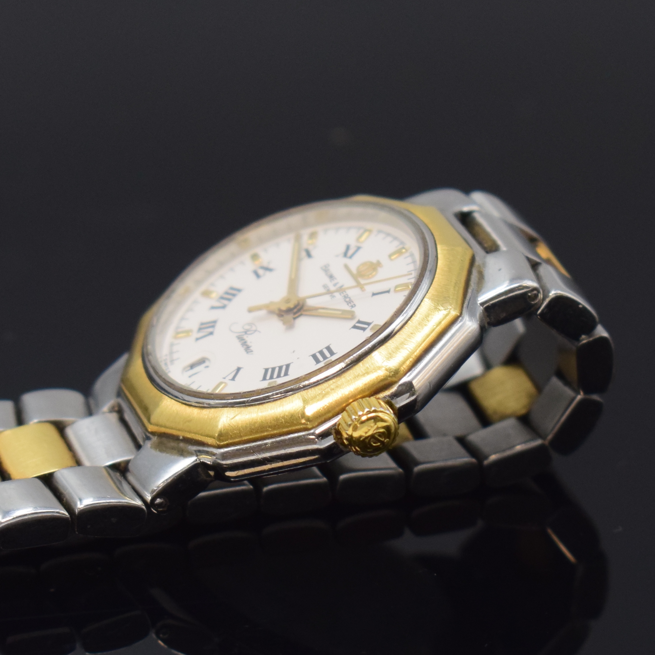 Detail c: BAUME & MERCIER Riviera Damenarmbanduhr in Stahl/Gold Referenz 5231, Schweiz um 1990, quarz, Gliederband m. Faltschl., Boden geschr., weisses ...