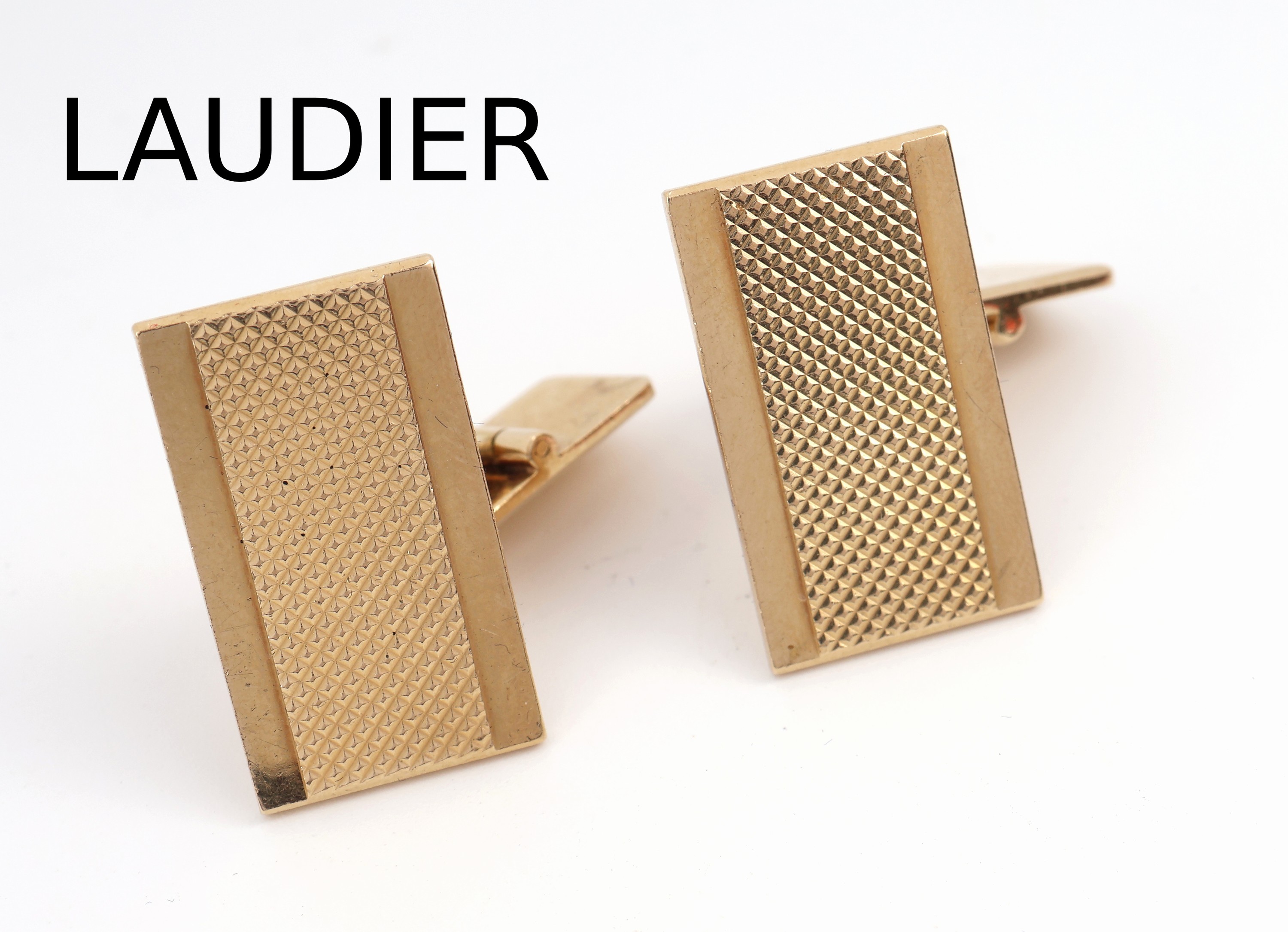 Paar 14 kt Gold LAUDIER Manschettenknöpfe, GG 585/000, Karodekor, Meistermarke Lauer für Laudier, ca. 20.5 g
