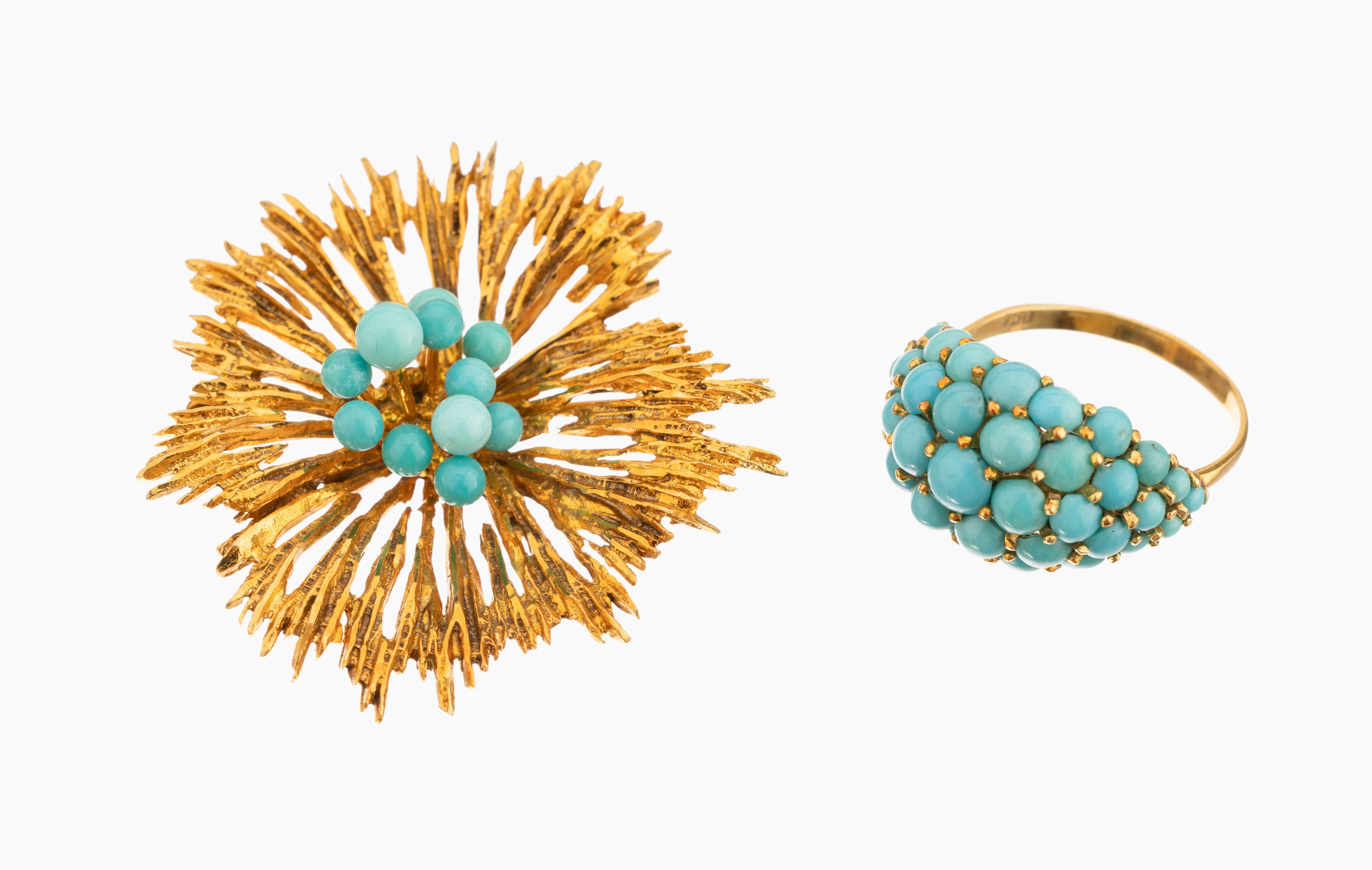 Gold Ring und Brosche mit Türkisen, Ring GG 750/000 und Brosche GG 585/000, Meistermarke unged., 1970er Jahre, Türkiskugeln farbl. variierend, ca. ...