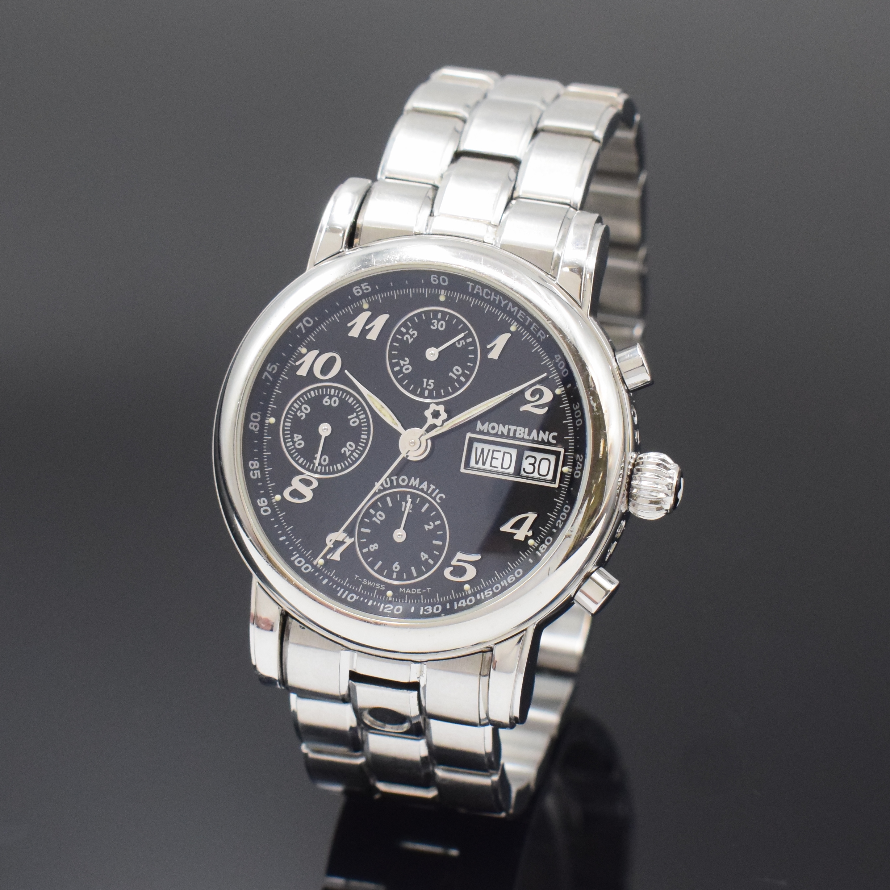 MONTBLANC Armbandchronograph Meisterstück in Stahl, Schweiz um 2005, Automatik, beids. vergl. Geh. inkl. orig. Gliederband m. dopp. Faltschl., Boden ...