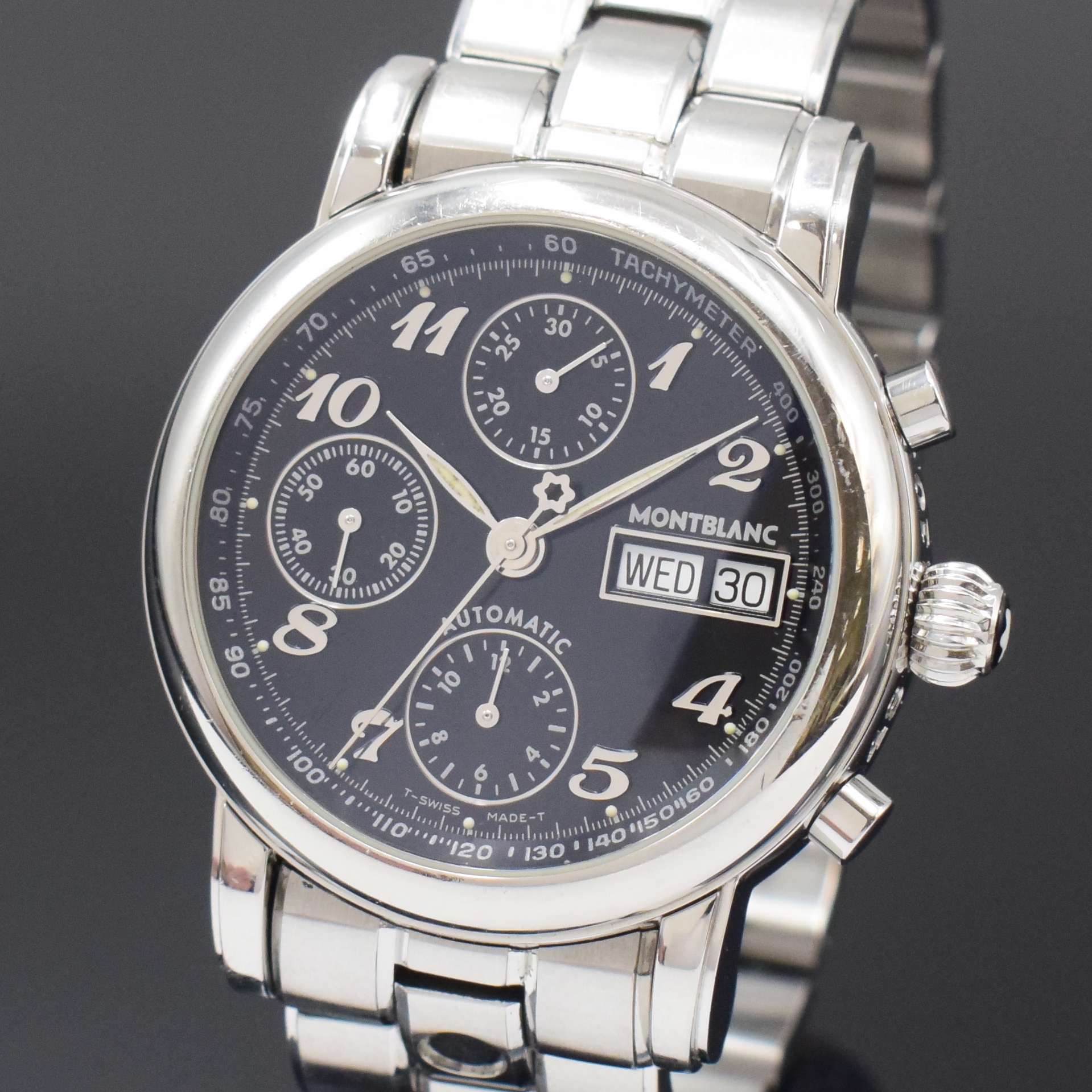 Detail a: MONTBLANC Armbandchronograph Meisterstück in Stahl, Schweiz um 2005, Automatik, beids. vergl. Geh. inkl. orig. Gliederband m. dopp. Faltschl., Boden ...