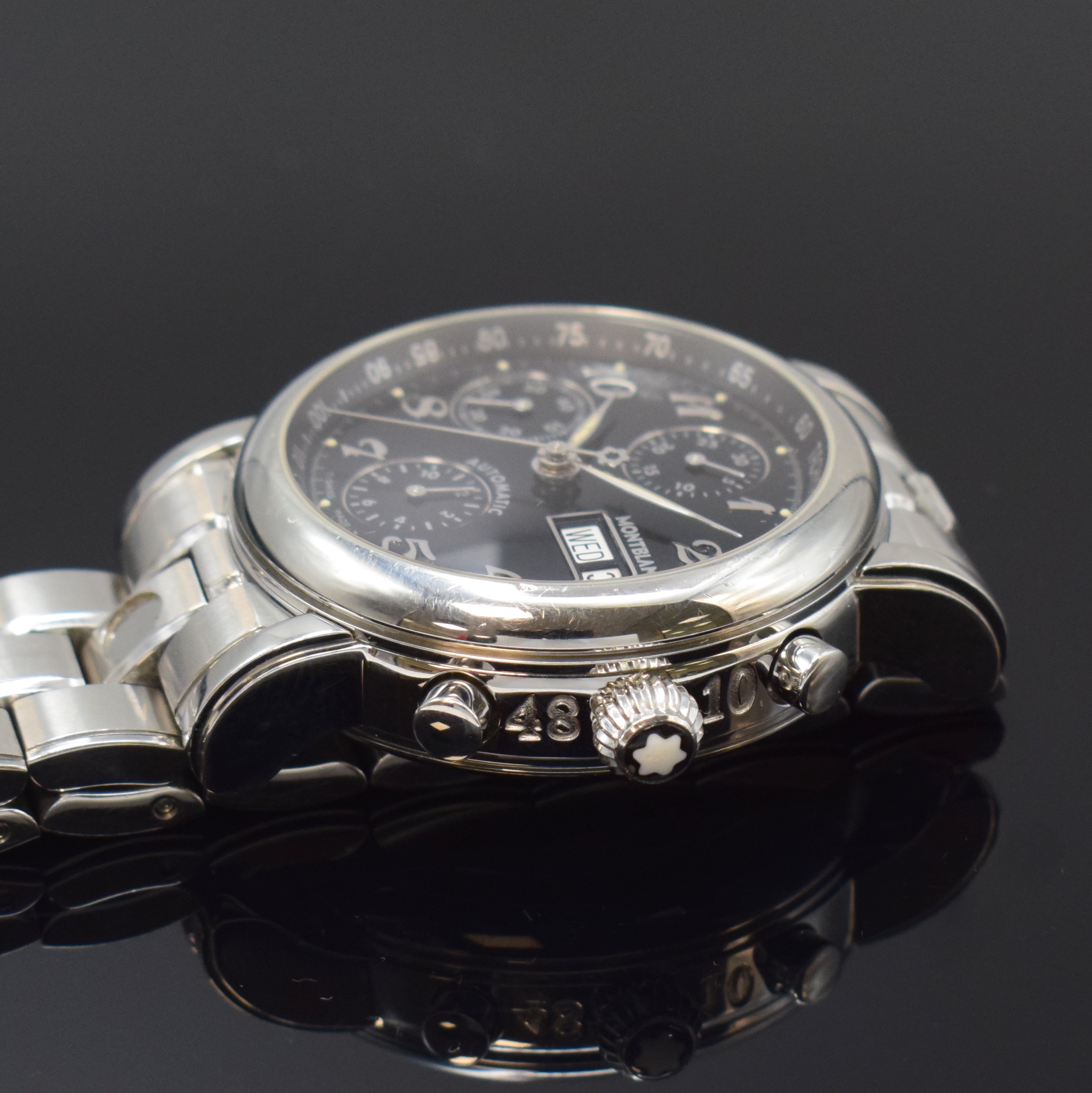 Detail c: MONTBLANC Armbandchronograph Meisterstück in Stahl, Schweiz um 2005, Automatik, beids. vergl. Geh. inkl. orig. Gliederband m. dopp. Faltschl., Boden ...