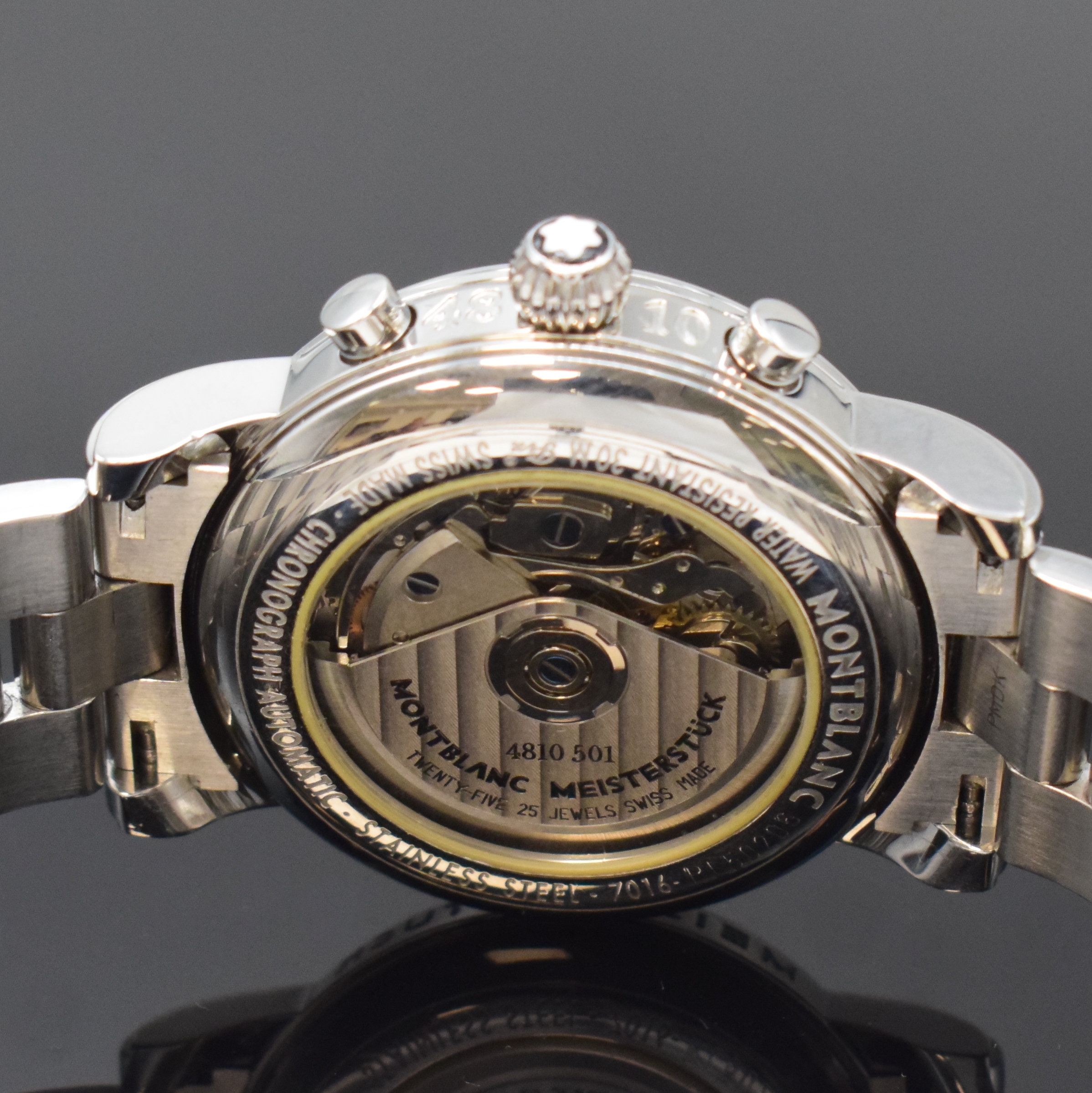 Detail e: MONTBLANC Armbandchronograph Meisterstück in Stahl, Schweiz um 2005, Automatik, beids. vergl. Geh. inkl. orig. Gliederband m. dopp. Faltschl., Boden ...