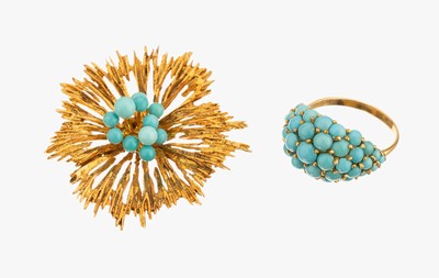 Image Gold ring and brooch with turquoises , ring YG 750/000 and brooch YG 585/000, ...