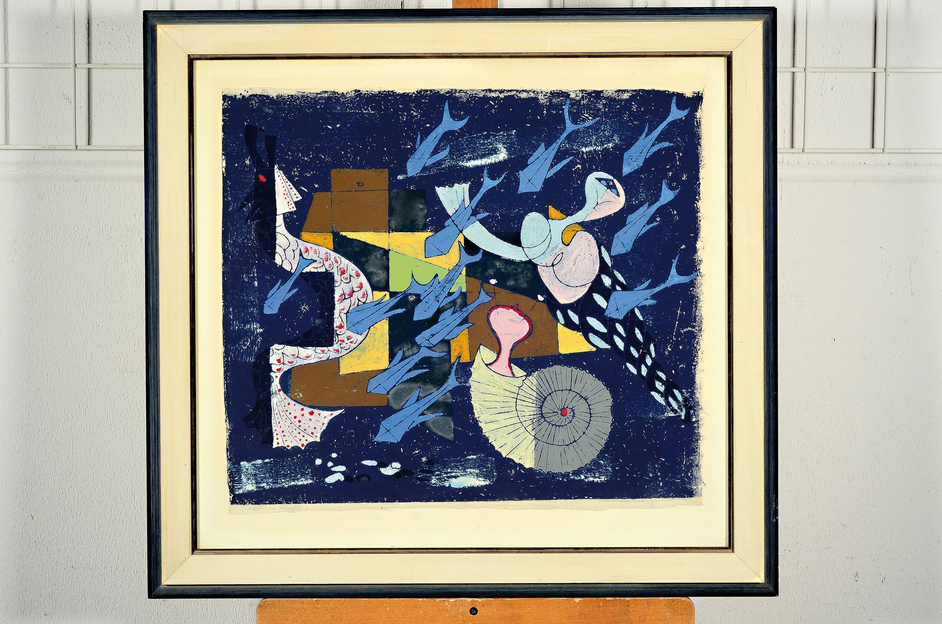 Detail k: Rolf Müller-Landau, 1903-1956 Bad Bergzabern, Diagonaler Fischzug, Monotypie auf Japan- Papier, handsign. und betitelt, ca. 46x54cm, u.Gl., R. ca. ...