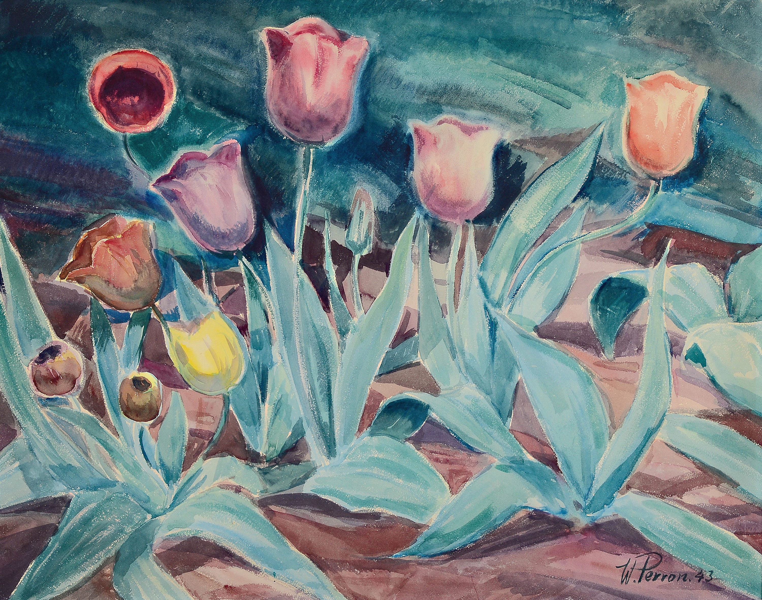 Walter Perron, 1885 Frankenthal-1972 Ludwigshafen, Stillleben mit Tulpen, Aquarell auf Papier, rechts unten sign. und dat. 43, ca. 50x62cm, u.Gl., R. ...