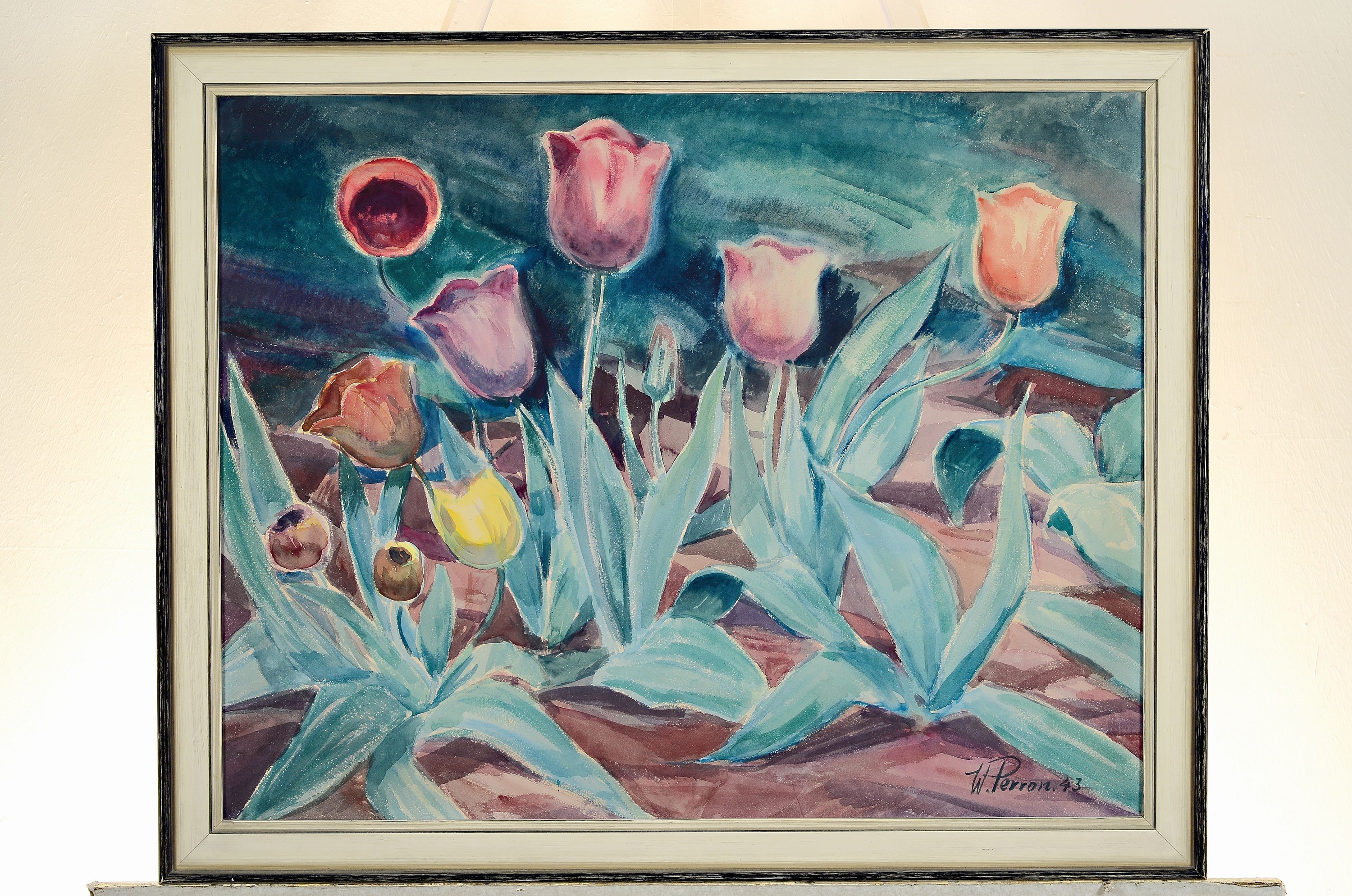 Detail k: Walter Perron, 1885 Frankenthal-1972 Ludwigshafen, Stillleben mit Tulpen, Aquarell auf Papier, rechts unten sign. und dat. 43, ca. 50x62cm, u.Gl., R. ...