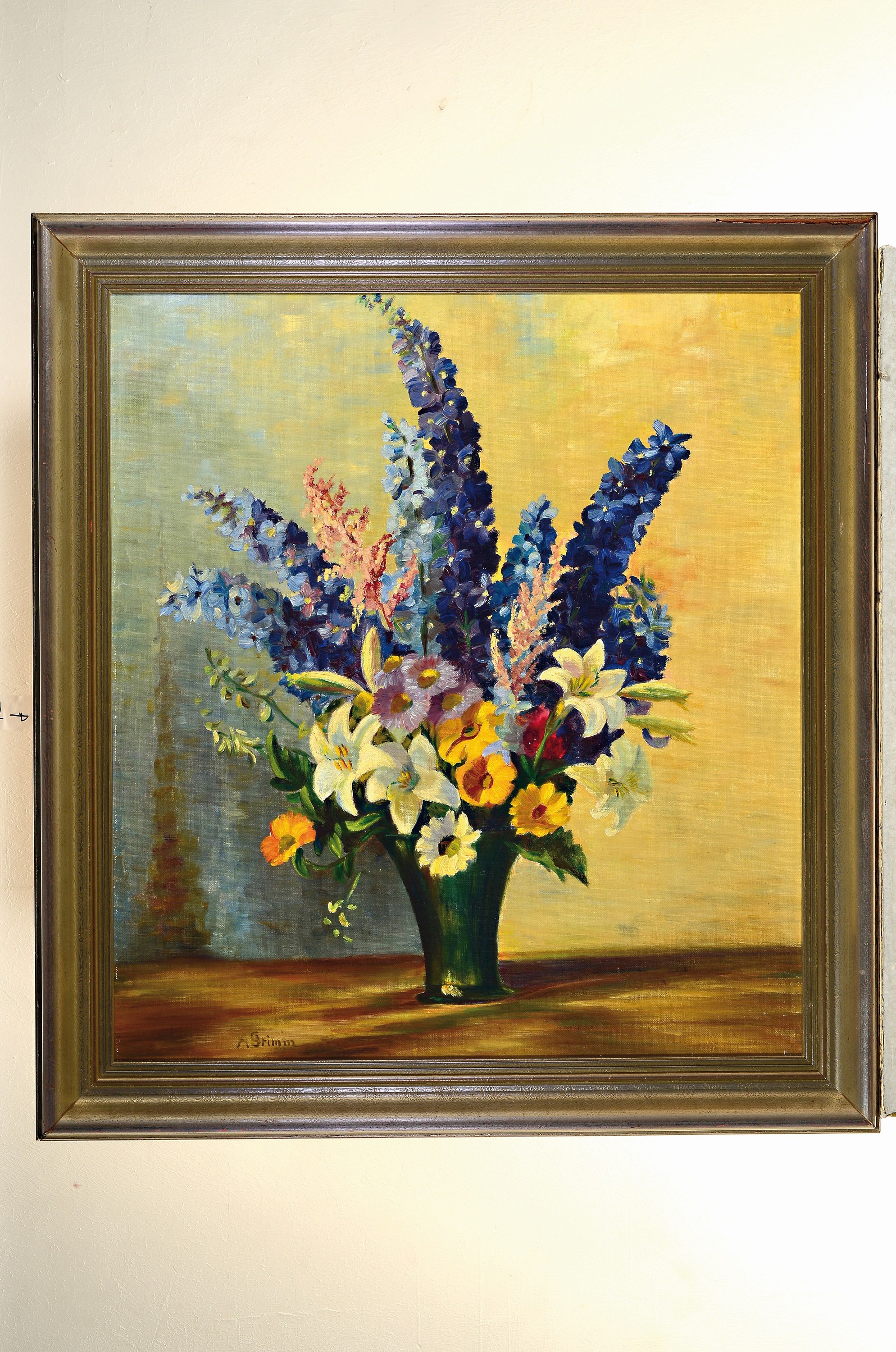 Detail k: Arthur Grimm, 1883 Mudau-1948 Karlsruhe, Stillleben mit Rittersporn und Lilien, Öl/ Malkarton, links unten signiert, ca. 70x63cm, R. ca. 82x76cm