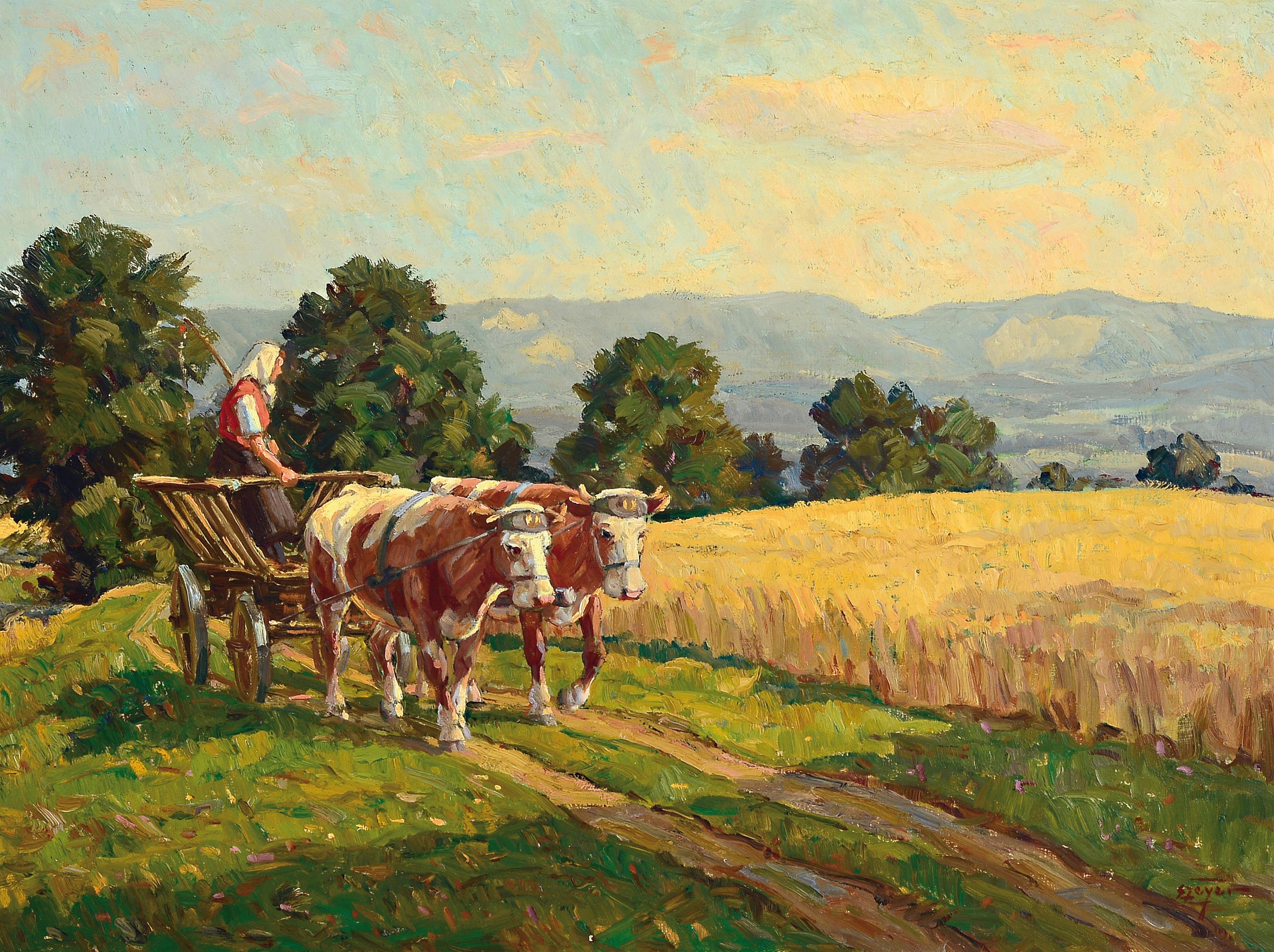 Erich Zeyer, 1903 Stuttgart-1960, Bäuerin mit Ochsenfuhrwerk am Feldrand, rückseitig betitelt: Abendstimmung, Blick von Harthausen a.F. gegen den ...