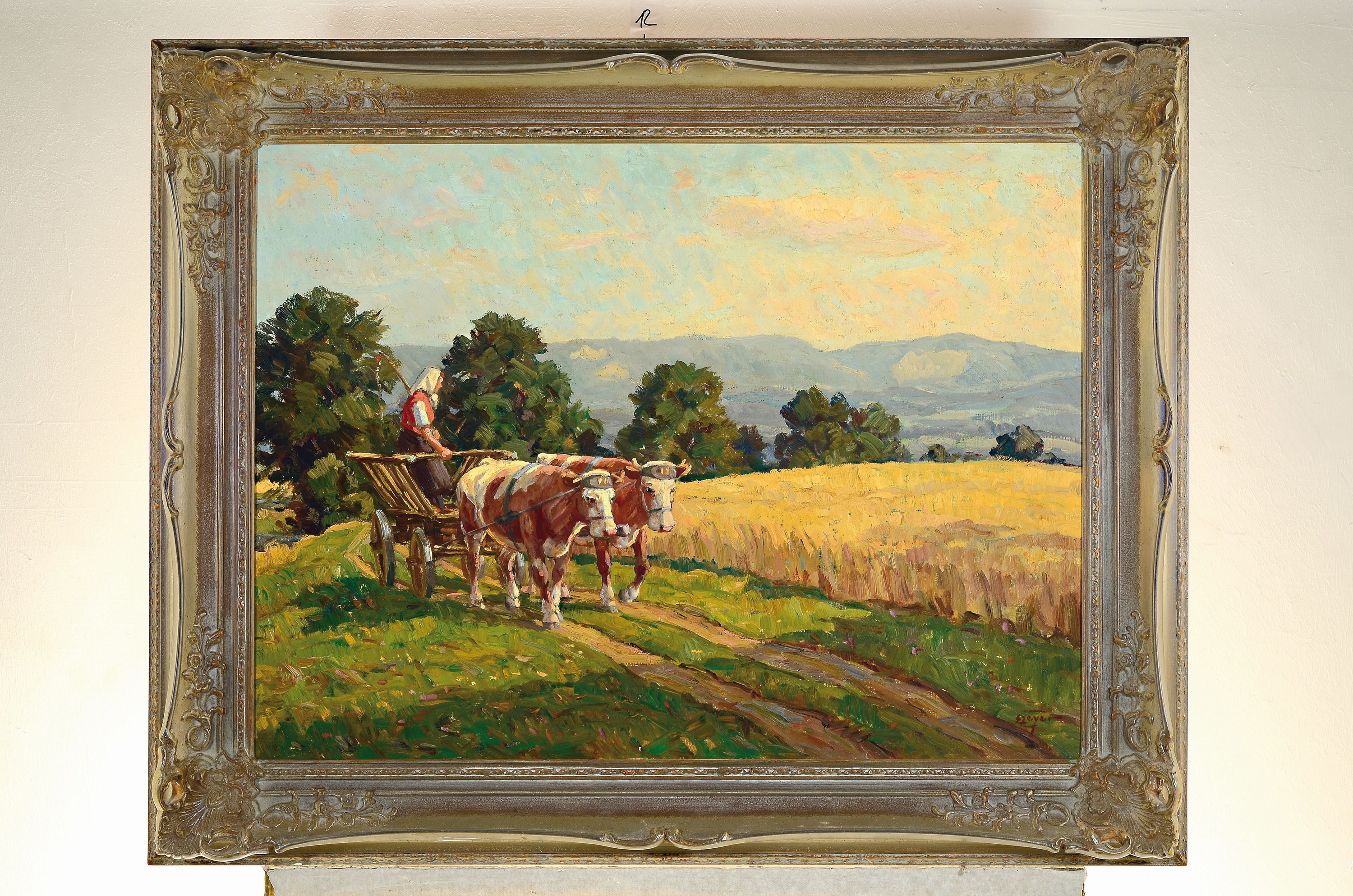 Detail k: Erich Zeyer, 1903 Stuttgart-1960, Bäuerin mit Ochsenfuhrwerk am Feldrand, rückseitig betitelt: Abendstimmung, Blick von Harthausen a.F. gegen den ...
