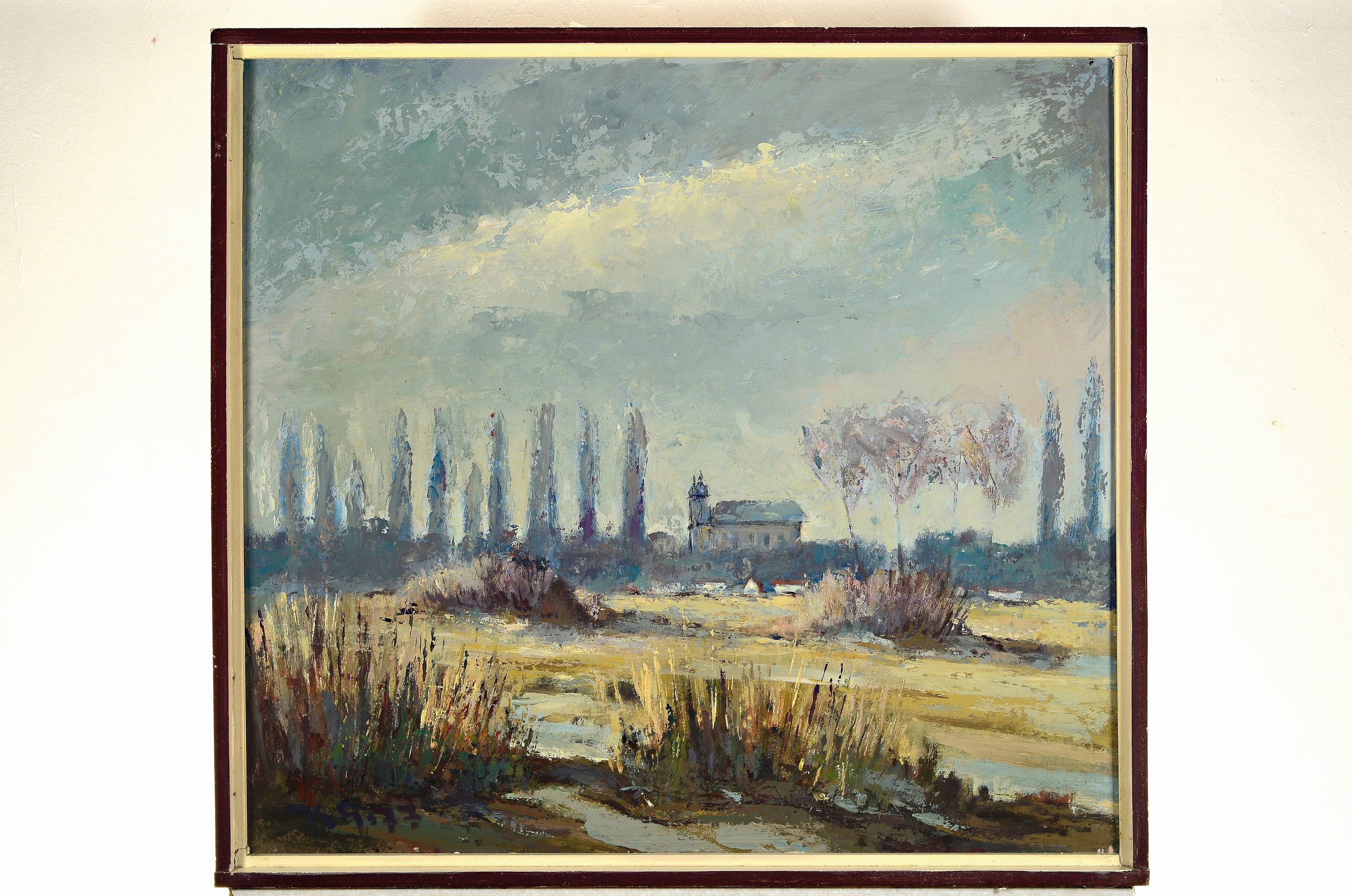 Detail k: Karl Graf, 1902-1986 Speyer, Landschaft mit Kapelle und Pappeln, (wohl Oggersheim) Öl auf Hartfaser, links unten monogrammiert und datiert 77. ca. ...