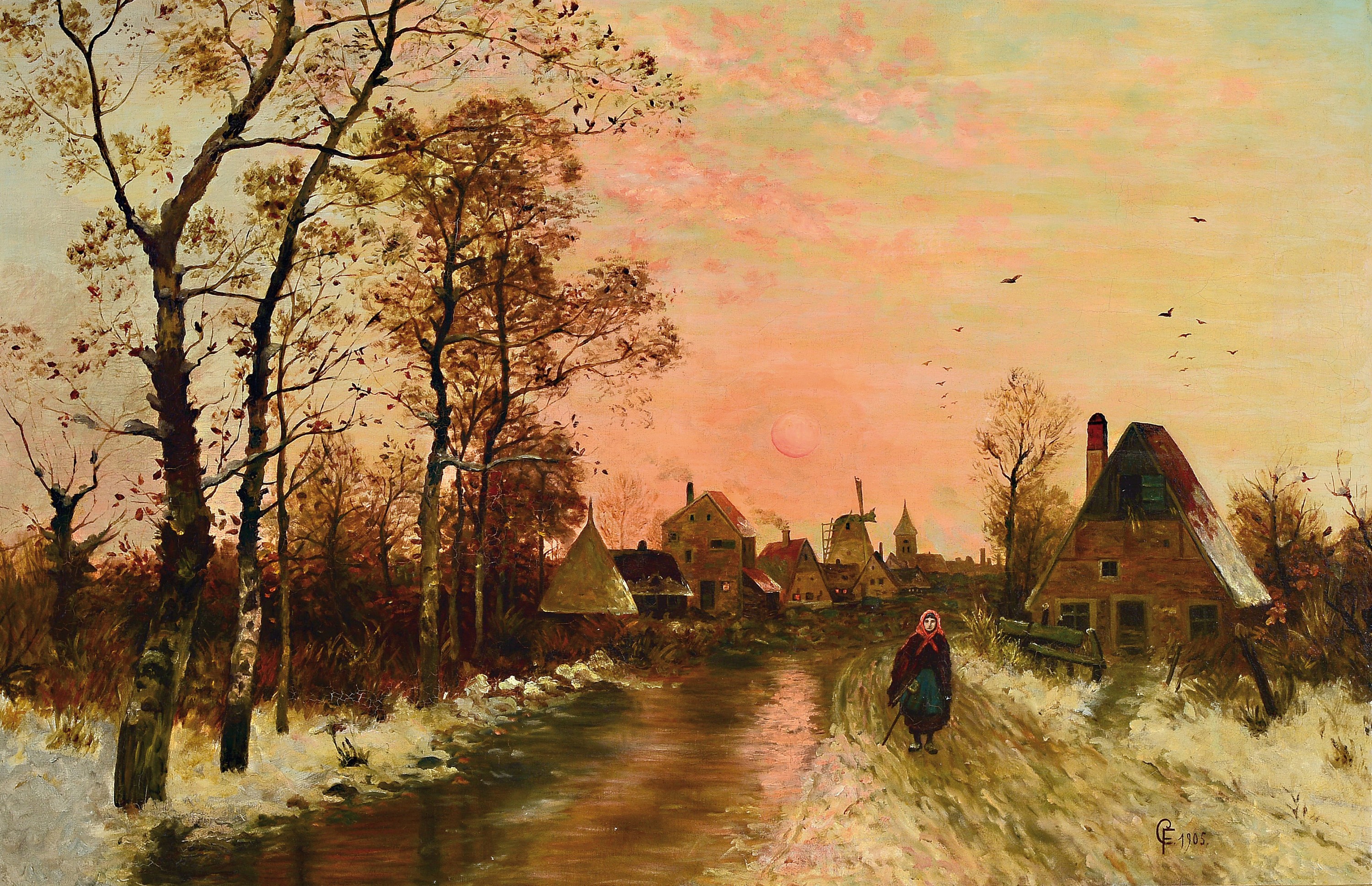 Zuschreibung: Carl Fey, 1867-1939 Düsseldorf, Abendstimmung, Bäuerin auf dem Weg vor dem Dorf, Öl/Lwd, re. u. monogr. CF und dat. 1905, ca. ...