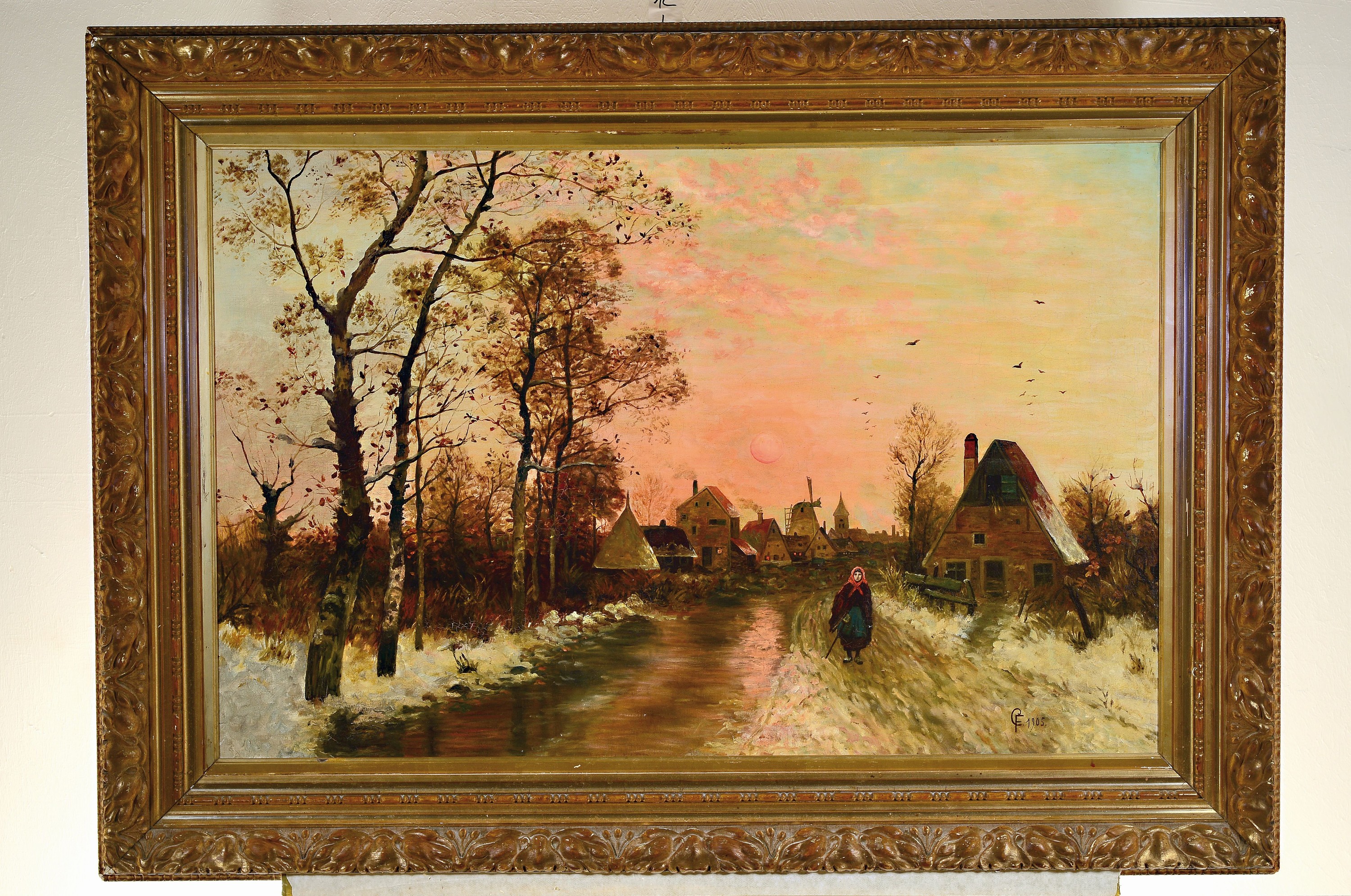 Detail k: Zuschreibung: Carl Fey, 1867-1939 Düsseldorf, Abendstimmung, Bäuerin auf dem Weg vor dem Dorf, Öl/Lwd, re. u. monogr. CF und dat. 1905, ca. ...