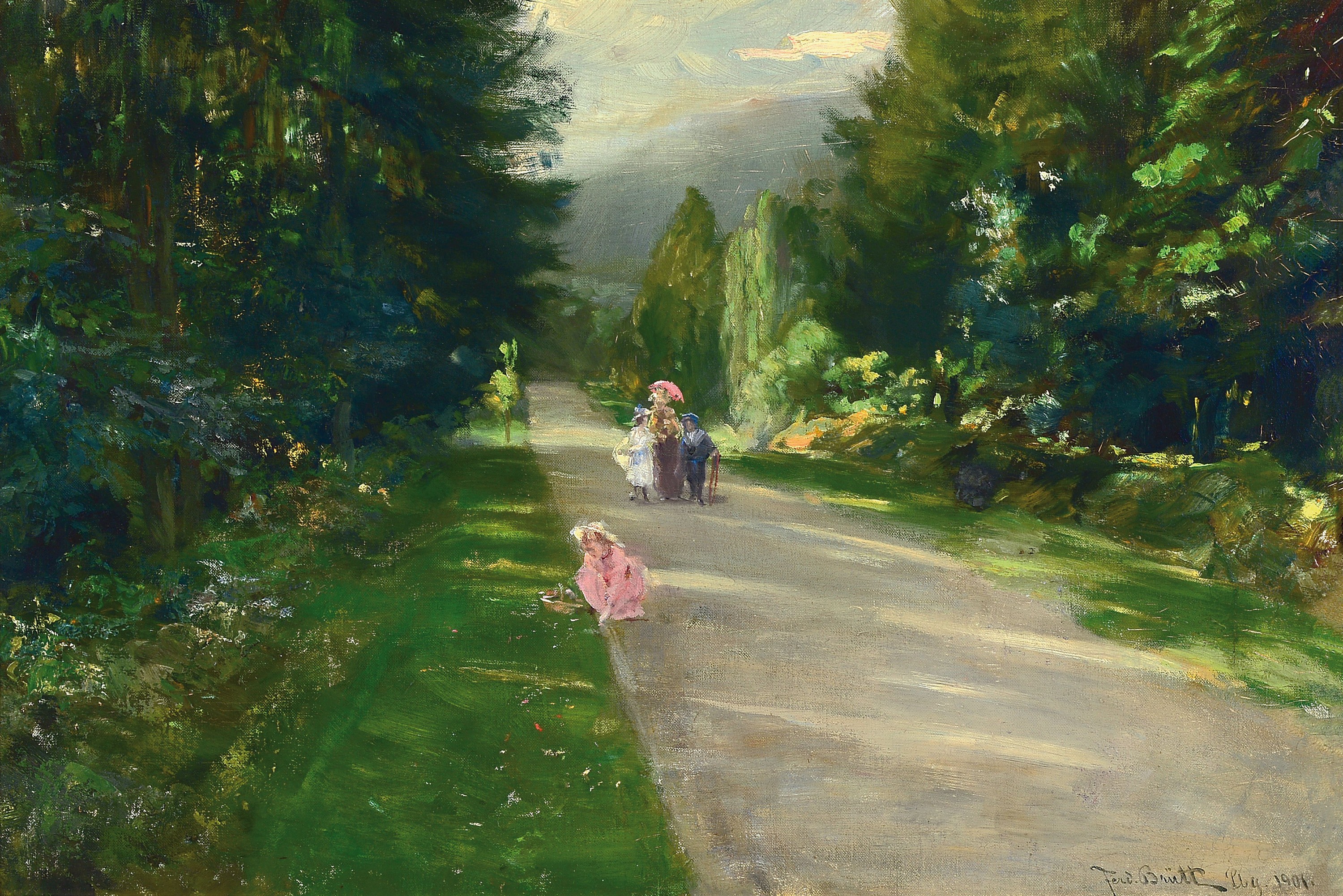 Ferdinand Brütt, 1849 Hamburg-1936 Bergen bei Celle, Sonntagsspaziergang, Mutter mit drei Kindern im Park, eines der Mädchen Pflückt Blumen am ...