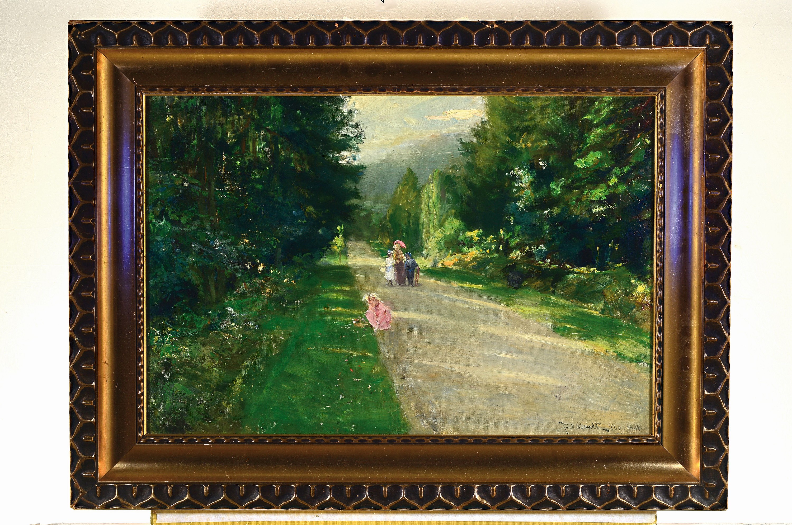 Detail k: Ferdinand Brütt, 1849 Hamburg-1936 Bergen bei Celle, Sonntagsspaziergang, Mutter mit drei Kindern im Park, eines der Mädchen Pflückt Blumen am ...