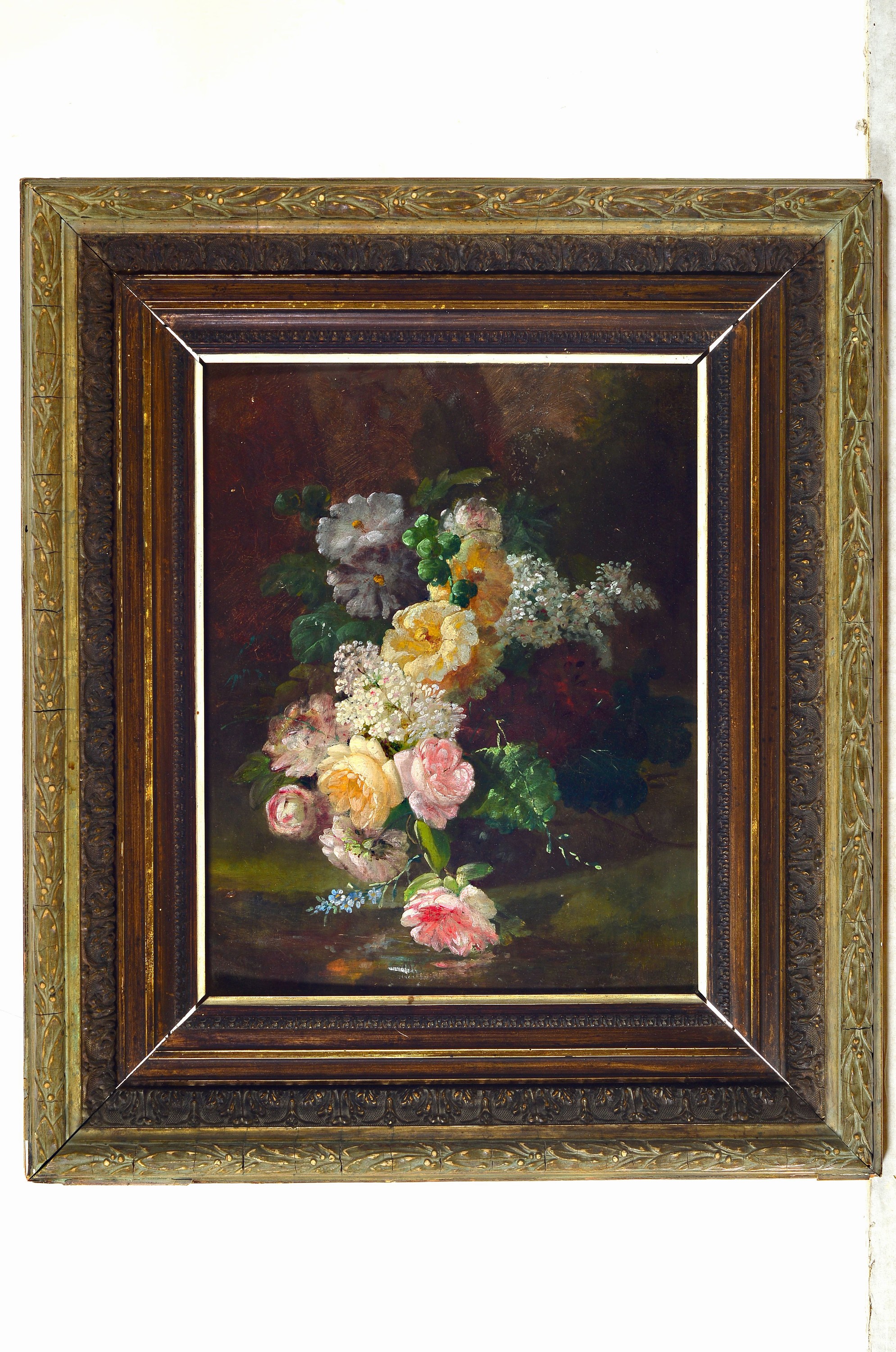 Detail k: Unbekannter Künstler im Stil von Jan van Huysum, 18./19. Jh., Öl auf Eichentafel, Stillleben mit Rosen, leicht gewölbte Tafel, unsigniert, leichte ...