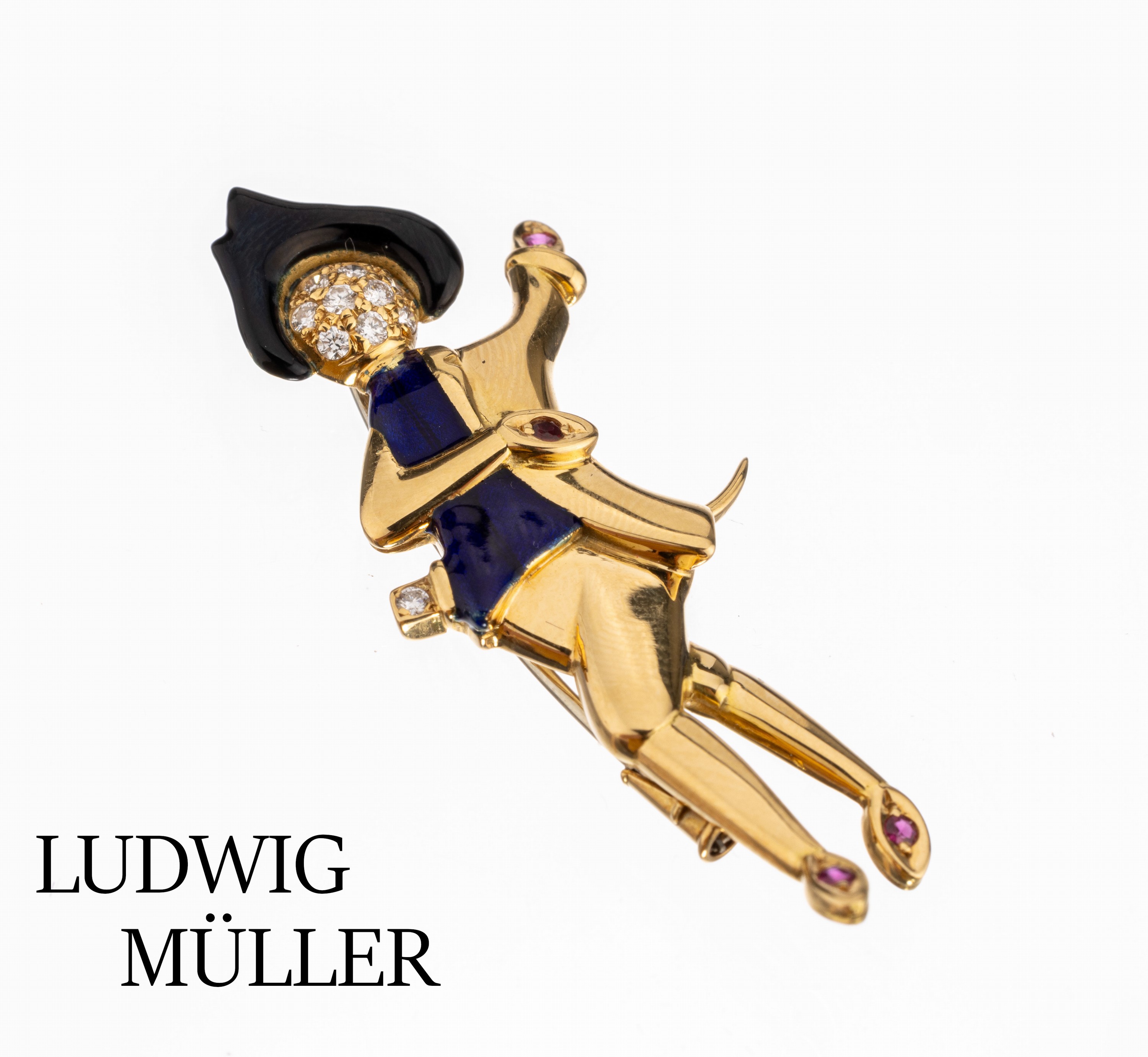 18 kt Gold Brillant-Rubin-Brosche mit Email, GG 750/000, Darstellung eines Piraten, 10 Brillanten zus. ca. 0.18 ct Weiß/vs, 4 rundfacett. Rubine ...