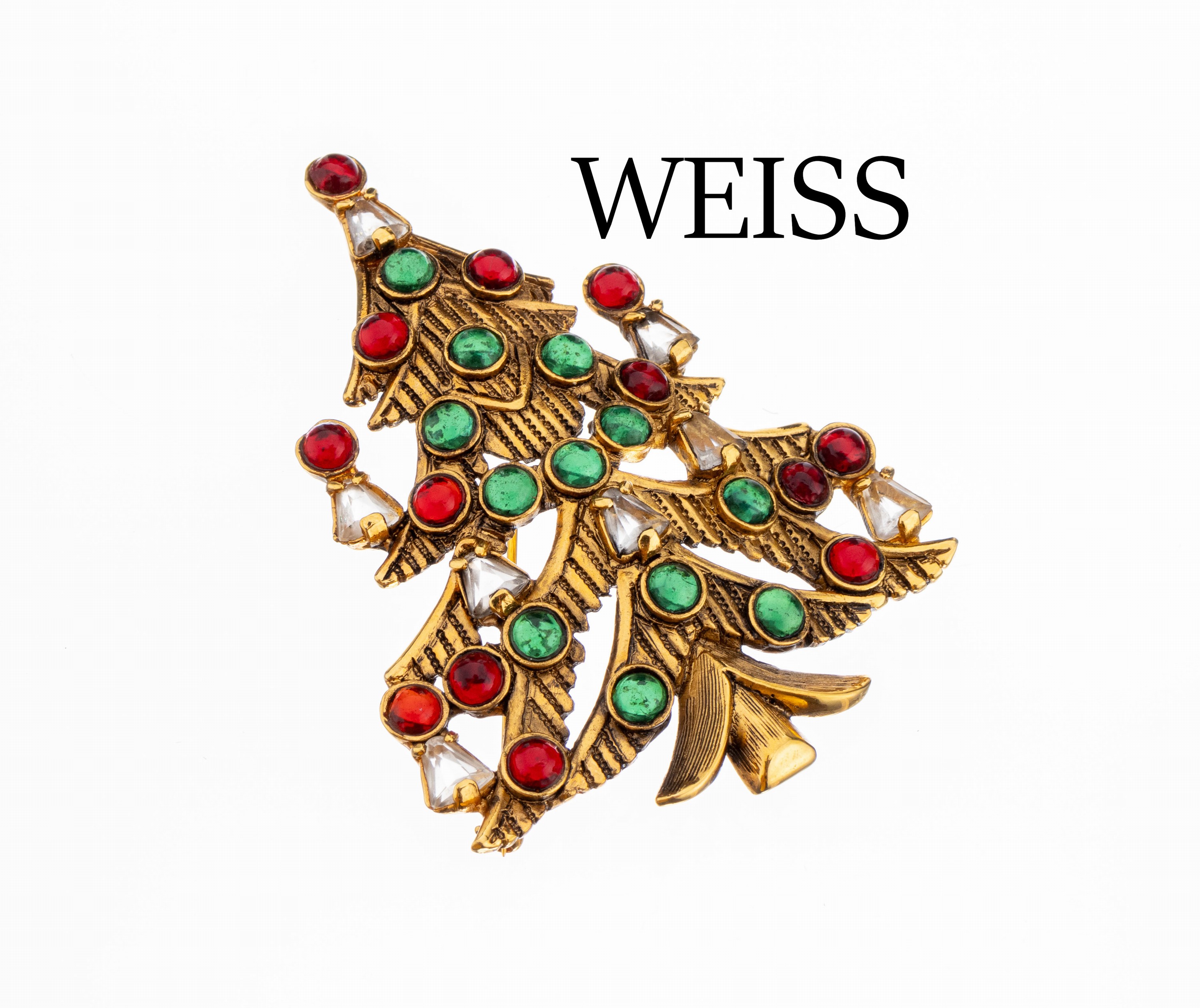 Brosche "Weihnachtsbaum", USA um 1955, Metall verg., Strass-Cabochons in rot und grün, ca. 7.5 x 5.5 cm, sign. WEISS