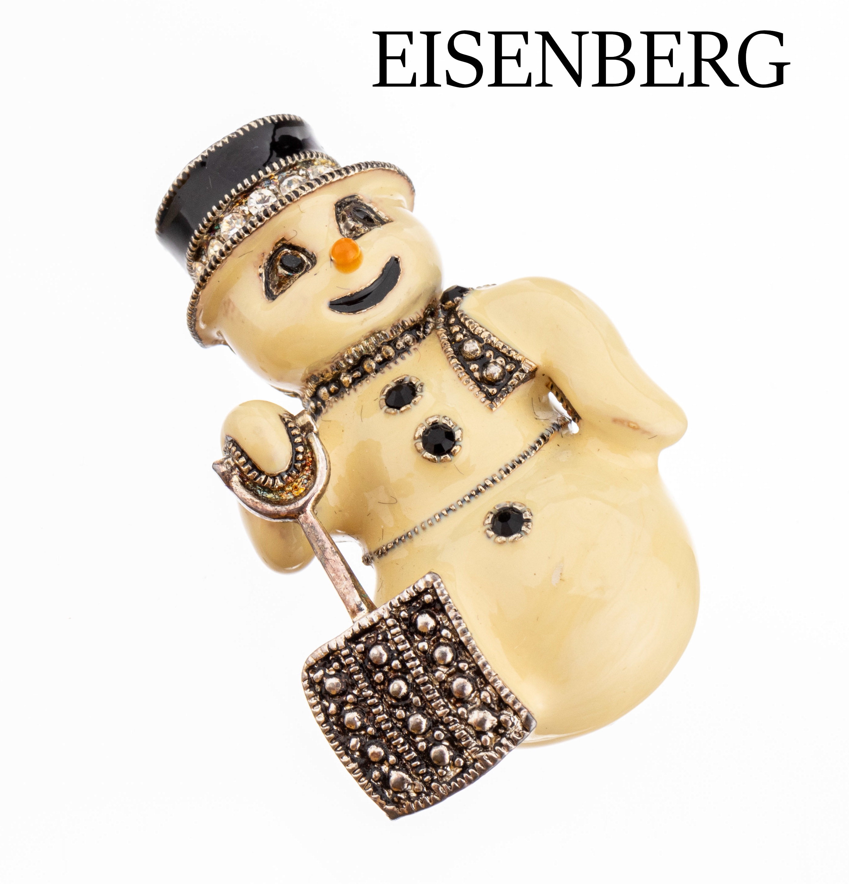 EISENBERG Brosche "Schneemann", Metall, plastische Darstellung, cremefarb. Hartlack, ca. 4.5 x 3 cm, sign., min. Gebr.-Spuren