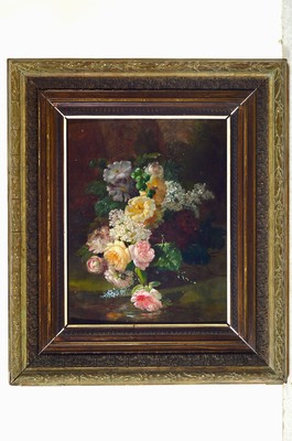 26802700k - Unknown artist in the style of Jan van Huysum,18th/19th century Century, oil on oak panel, still life with roses, slightly curved panel, unsigned, slight signs of age, approx. 34 x 26cm, frame slight trace of use., approx. 49 x 42 cm