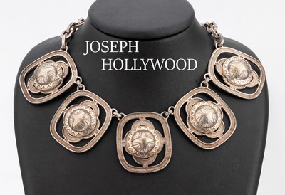 Image JOSEFF of HOLLYWOOD necklace , metal silver plated, USA ca. 1955, middle part with 5 ...