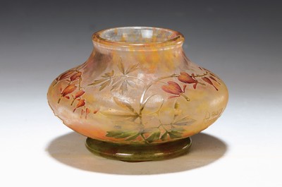 Image Vase, Daum Nancy, um 1900, orange und grün eingepudertes Glas, überfangen, ...