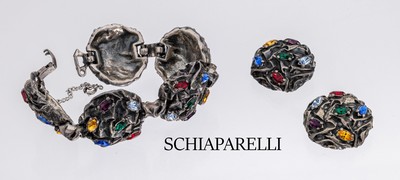 Image SCHIAPARELLI Schmuckset, USA um 1955, Metall versilbert, abstrakte Gestaltung, ...