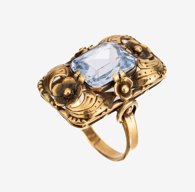 Image 14 kt Gold Farbstein-Ring, GG 585/000, 1940er Jahre, floral, mittig facett. synth. ...