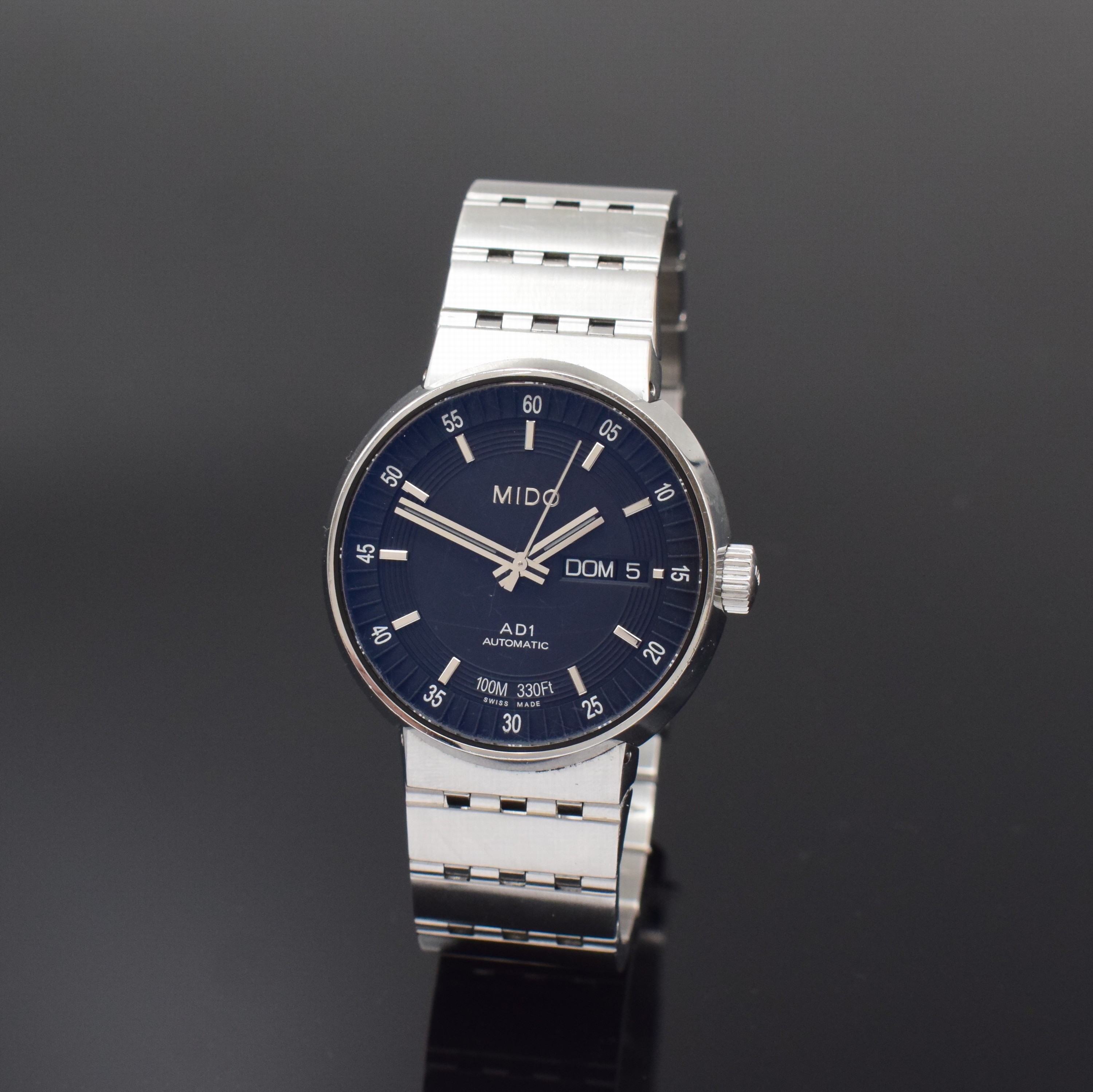 MIDO AD1 Herrenarmbanduhr in Stahl Referenz M8330, Schweiz um 2010, Automatik, beids. verg. Geh. inkl. orig. Gliederband m. Faltschl., Boden u. Krone ...