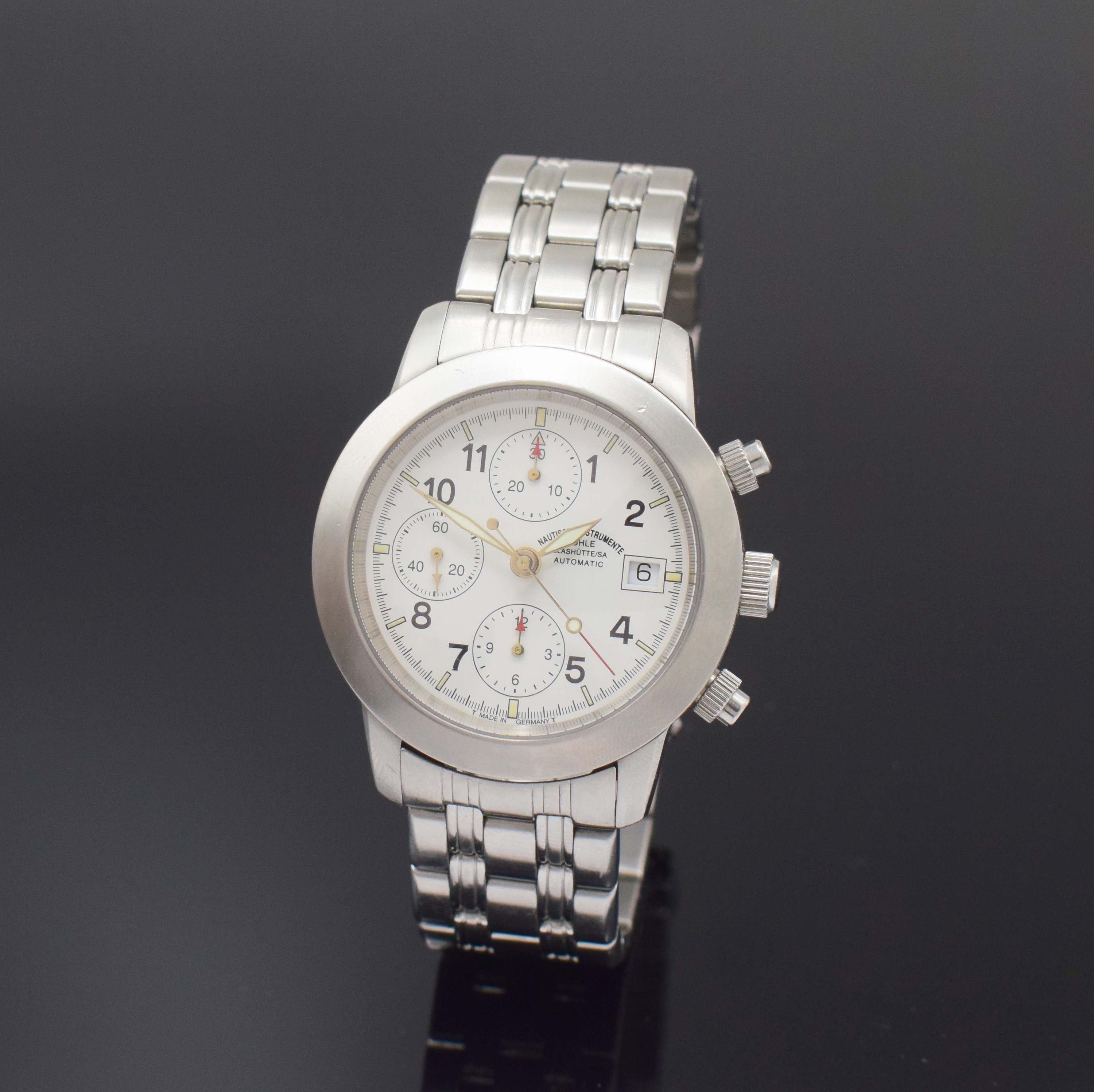 MÜHLE GLASHÜTTE Sportchronograph M12 in Stahl Referenz M12300, Deutschland um 2000, Automatik, orig. Gliederband m. Faltschl., Boden u. Krone ...