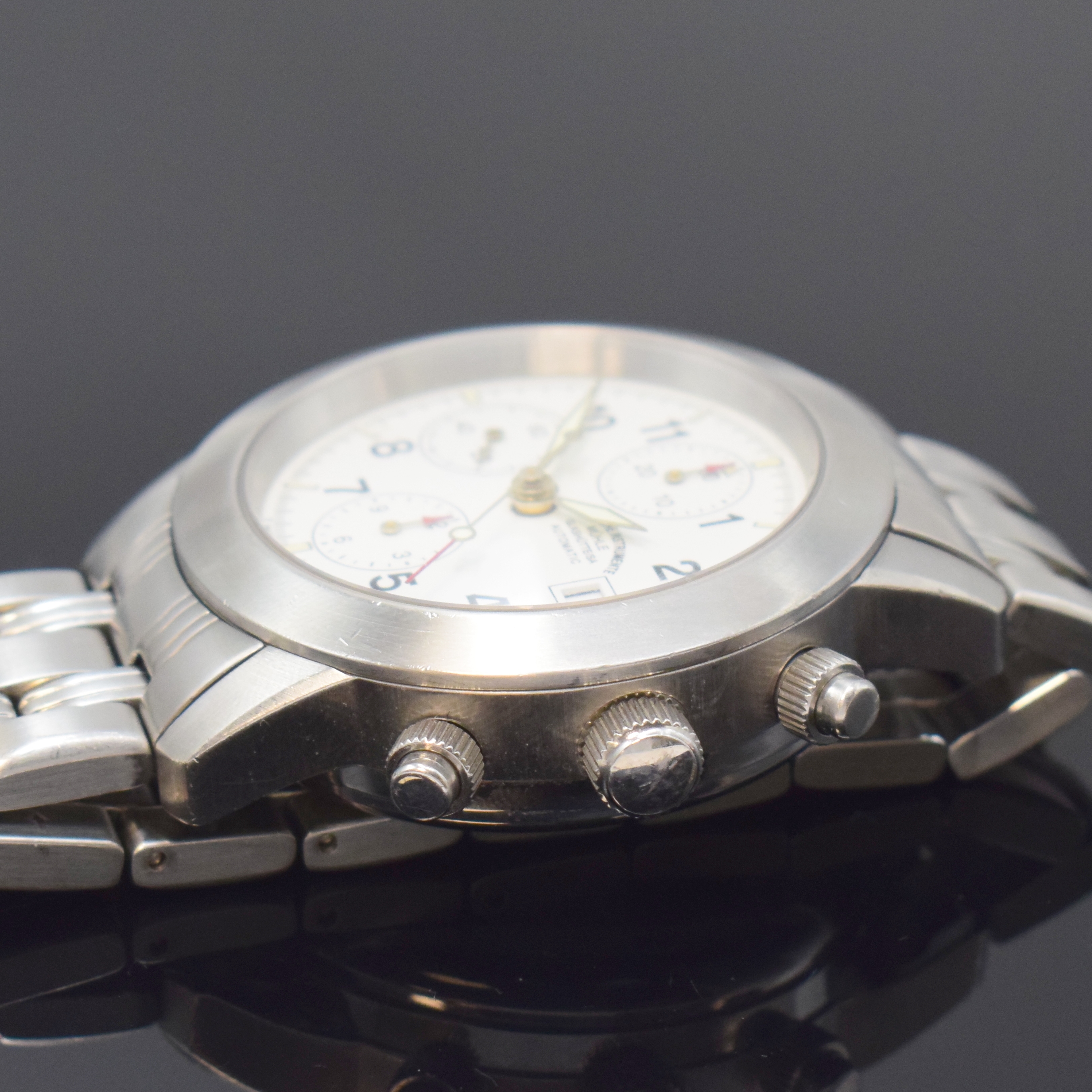 Detail c: MÜHLE GLASHÜTTE Sportchronograph M12 in Stahl Referenz M12300, Deutschland um 2000, Automatik, orig. Gliederband m. Faltschl., Boden u. Krone ...