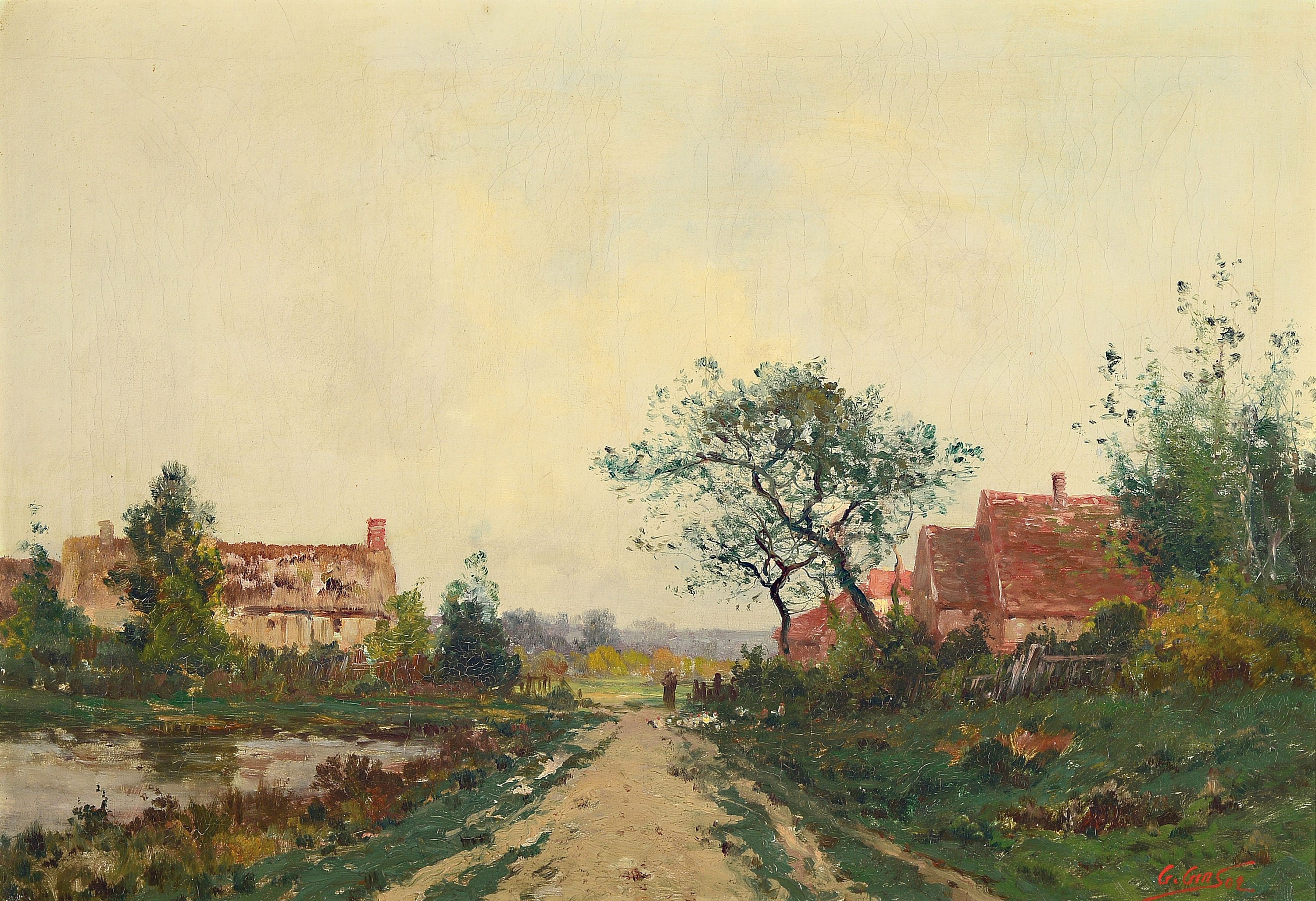 G. Gins, datiert (19)02, Dorflandschaft mit Figurenstaffage, Öl/Lwd, ausgeprägte Krakeluren, rechts unten signiert und datiert, Rahmen 63x83 cm