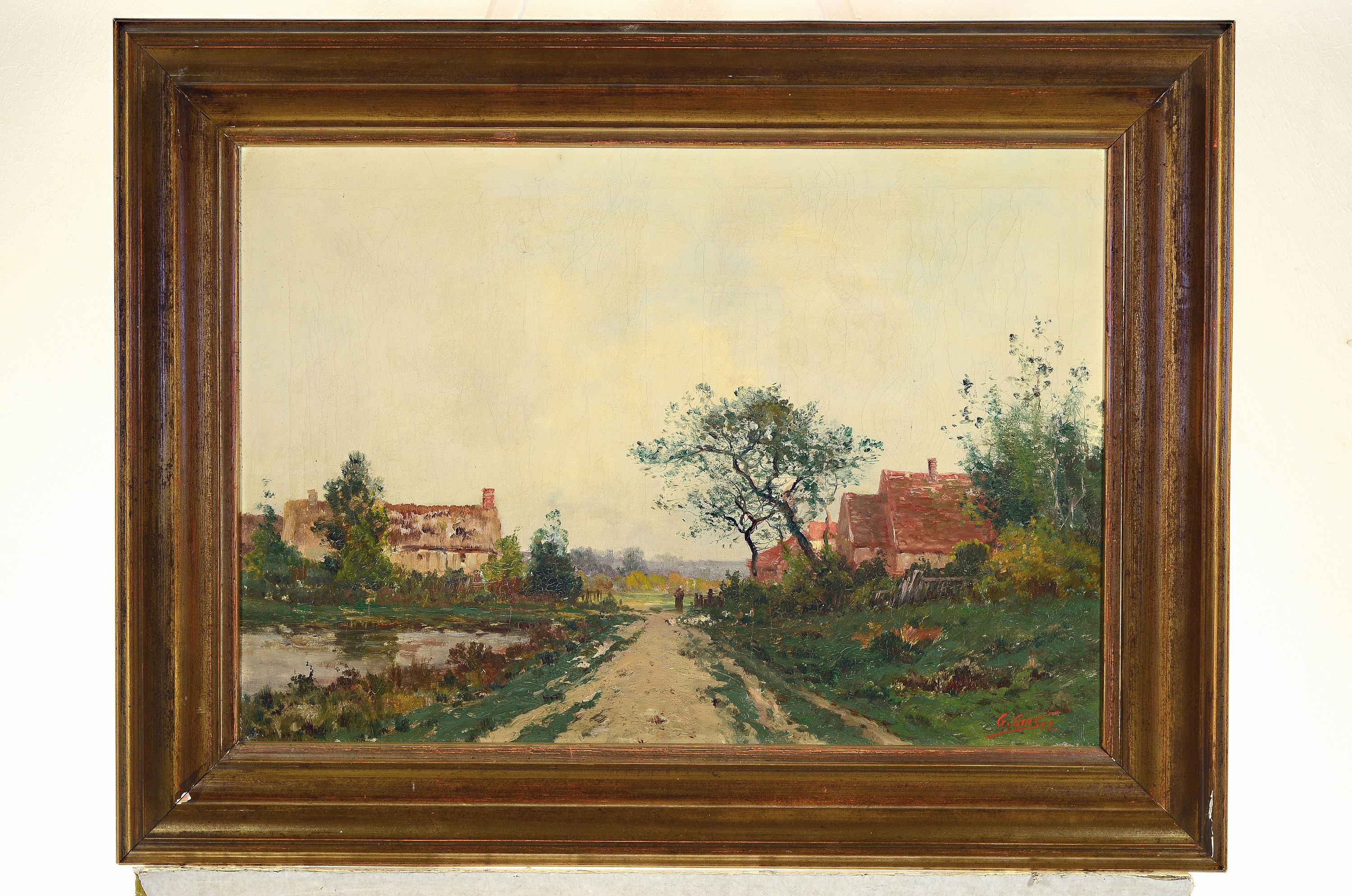 Detail k: G. Gins, datiert (19)02, Dorflandschaft mit Figurenstaffage, Öl/Lwd, ausgeprägte Krakeluren, rechts unten signiert und datiert, Rahmen 63x83 cm