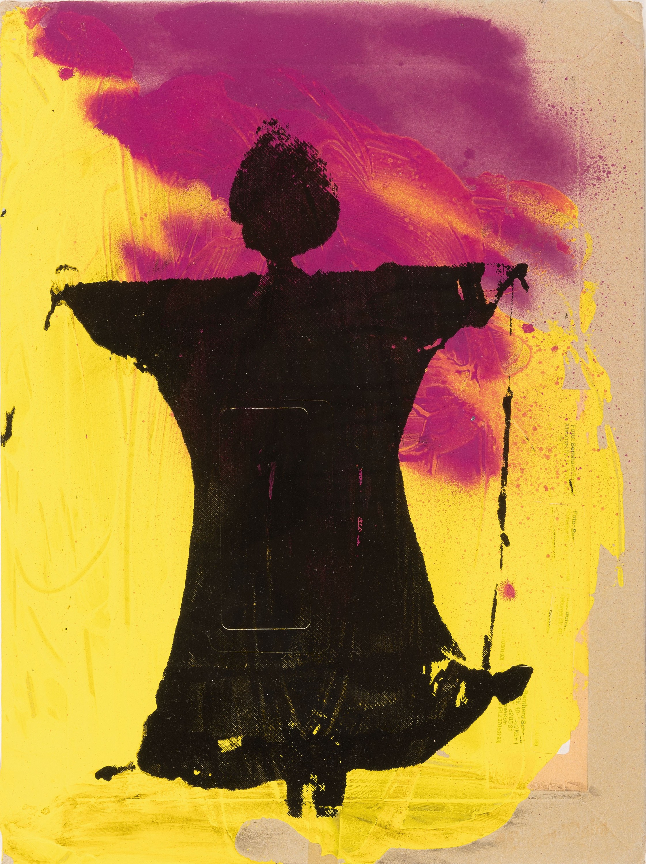 Walter Dahn, geb. 1954 St. Tönis, Collage, ohne Titel, Figuren-Komposition, Siebdruck/Acryl/Stempel auf Papierumschlag, Objekt 35x26 cm, ...