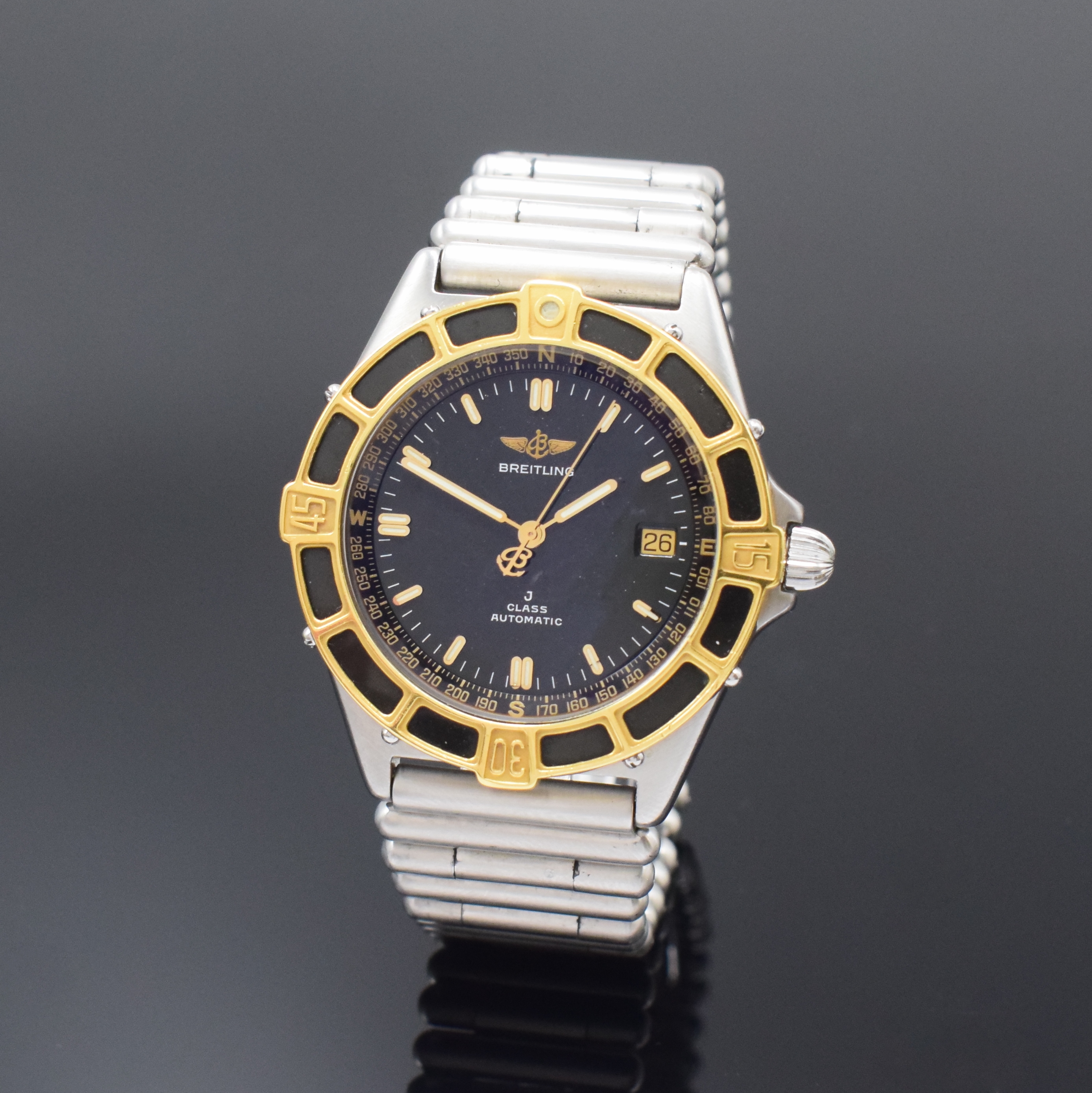 BREITLING J-Class Herrenarmbanduhr Referenz 80250, Schweiz um 1995, Automatik, verschr. Edelstahlgeh. inkl. orig. Roleauxband m. dopp. Faltschl., ...