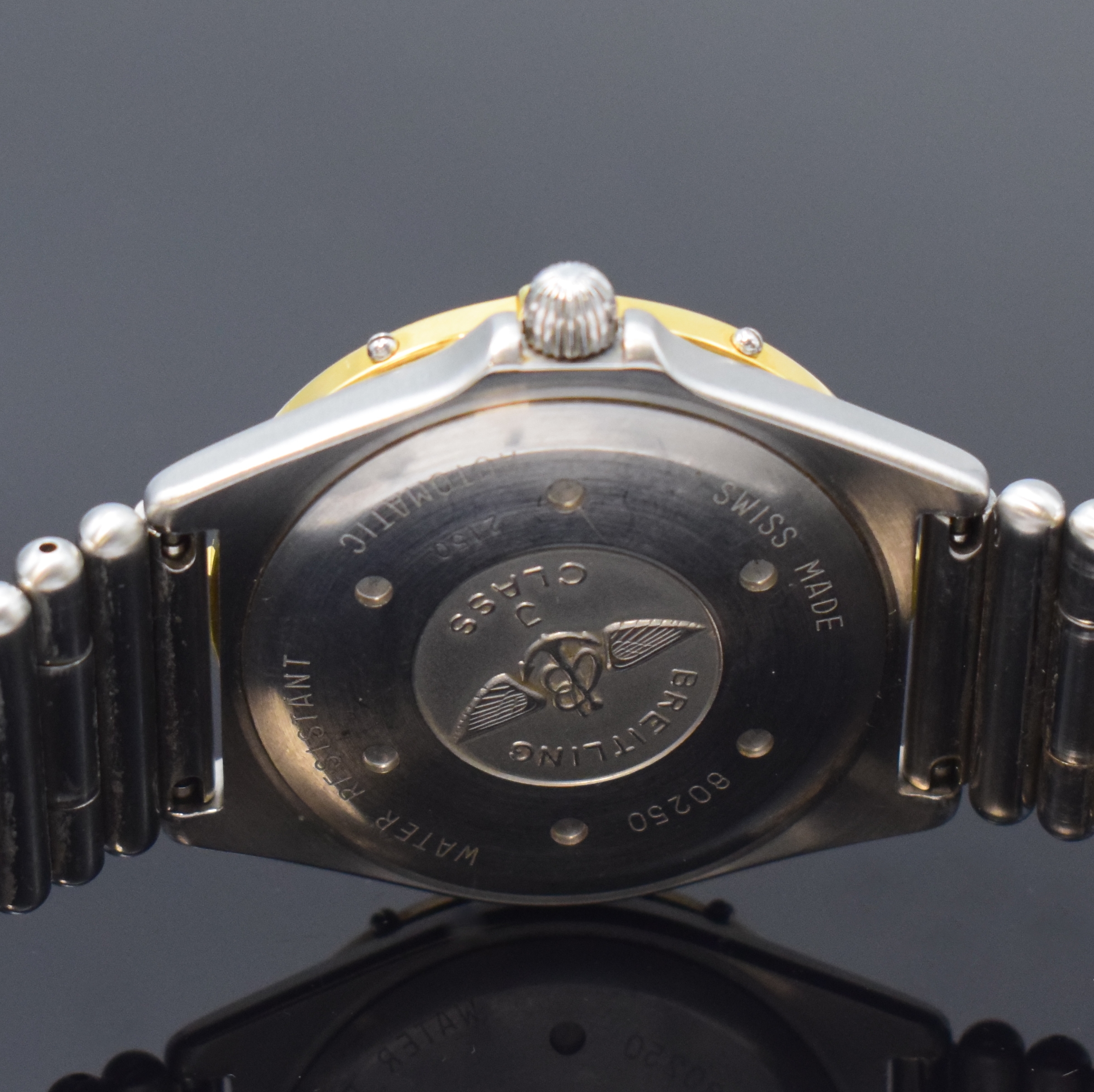 Detail d: BREITLING J-Class Herrenarmbanduhr Referenz 80250, Schweiz um 1995, Automatik, verschr. Edelstahlgeh. inkl. orig. Roleauxband m. dopp. Faltschl., ...