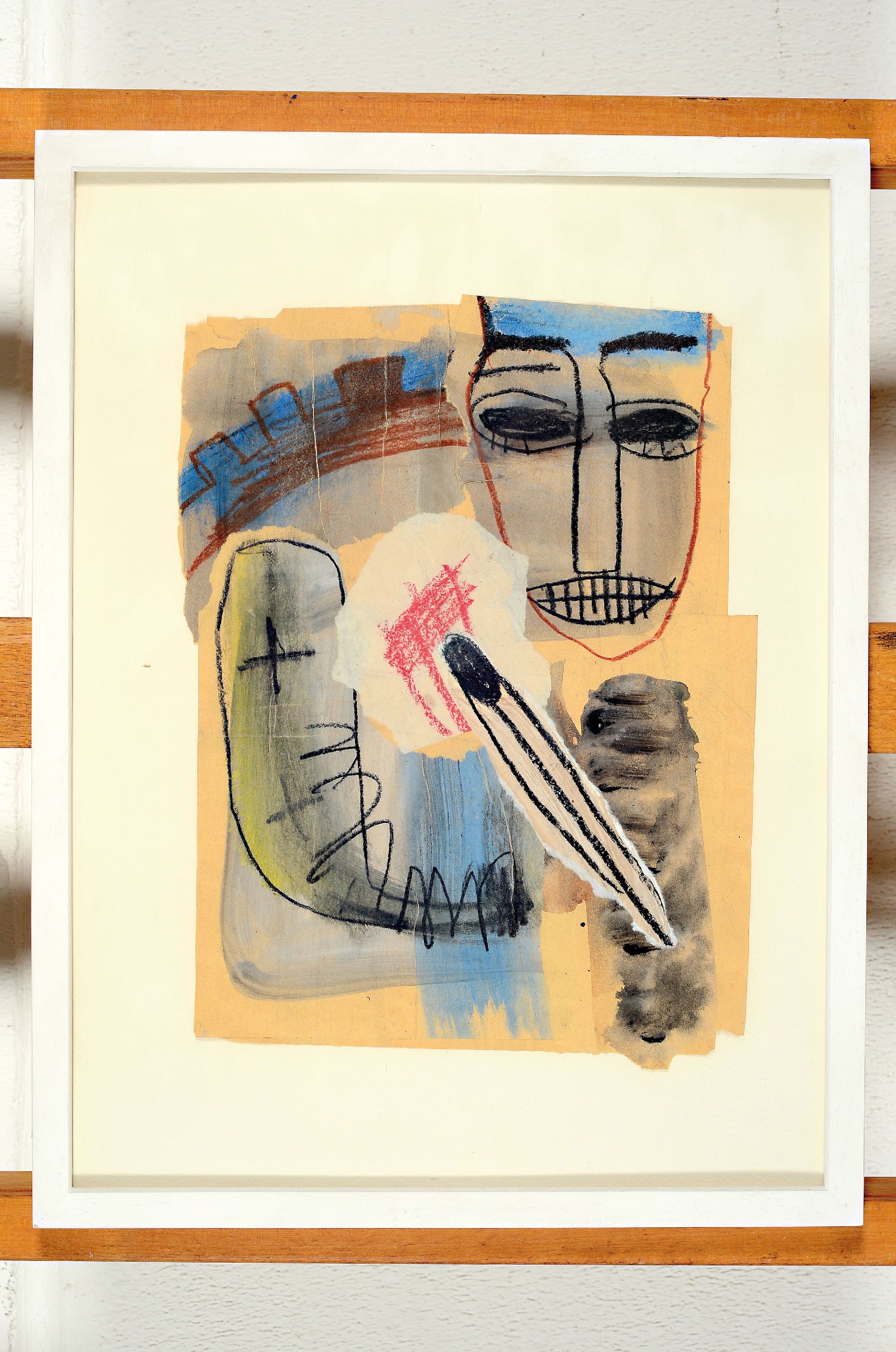 Detail k: Zuschreibung: Albert Merz, geb. 1942 Unterägeri, Mischtechnik auf mehrschichtigesPapier, Komposition mit Maske und Streichholz,, verso datiert 1989, ...