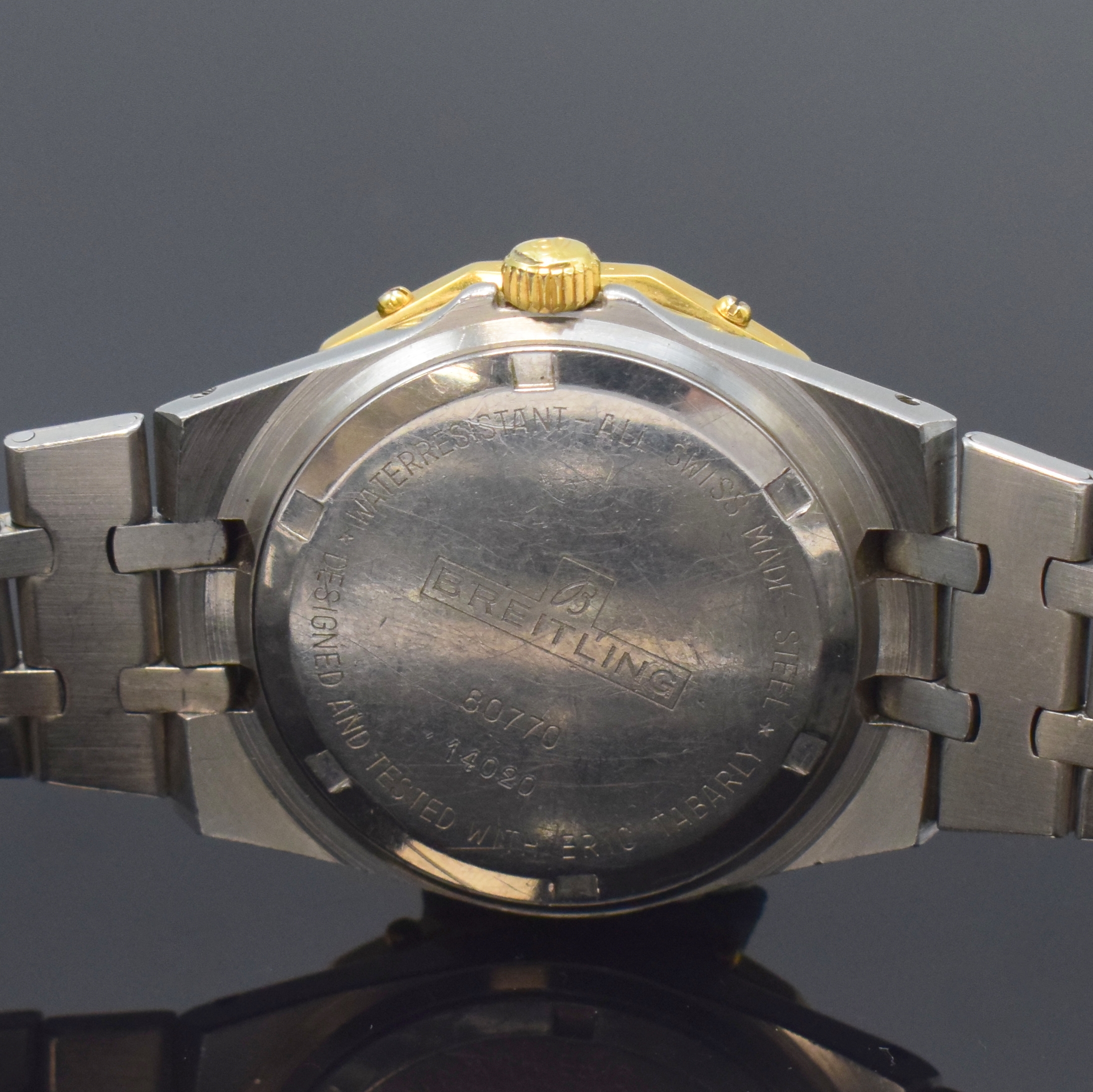 Detail d: BREITLING Tabarly Armbanduhr Referenz 80770, Schweiz um 1990, quarz, Edelstahlgeh. inkl. orig. Gliederband m. Faltschl., Boden u. Krone verschr., ...