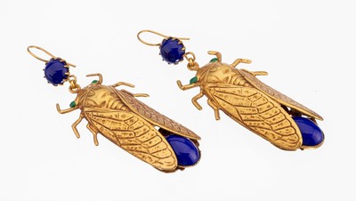 Image Pair of earrings "cicadas", 1930s , metal gold plated, lapis lazuli coloured ...