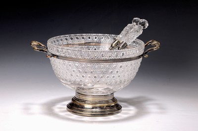 Image Salad bowl with 2-piece cutlery, Alex Katsch, around 1910, crystal glass bowl richly cut ...